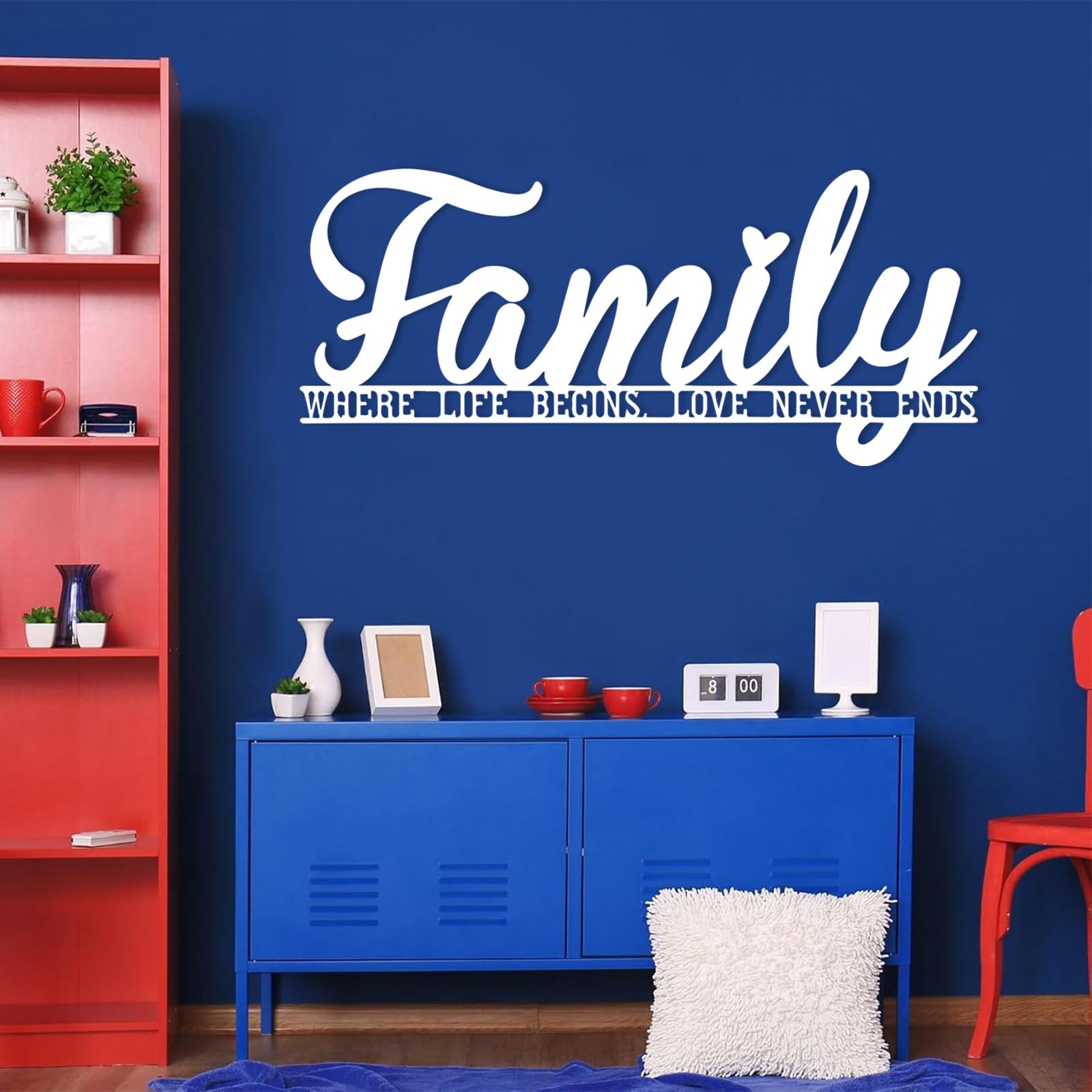 Großes Wandbild „Familie“ aus schwarzem Metall, hängender Metallbuchstabe im Landhausstil, Moderne Skulptur mit Familienmotiv für Wohnzimmer, Schlafzimmer, Flur und Treppenhaus (Weiß)