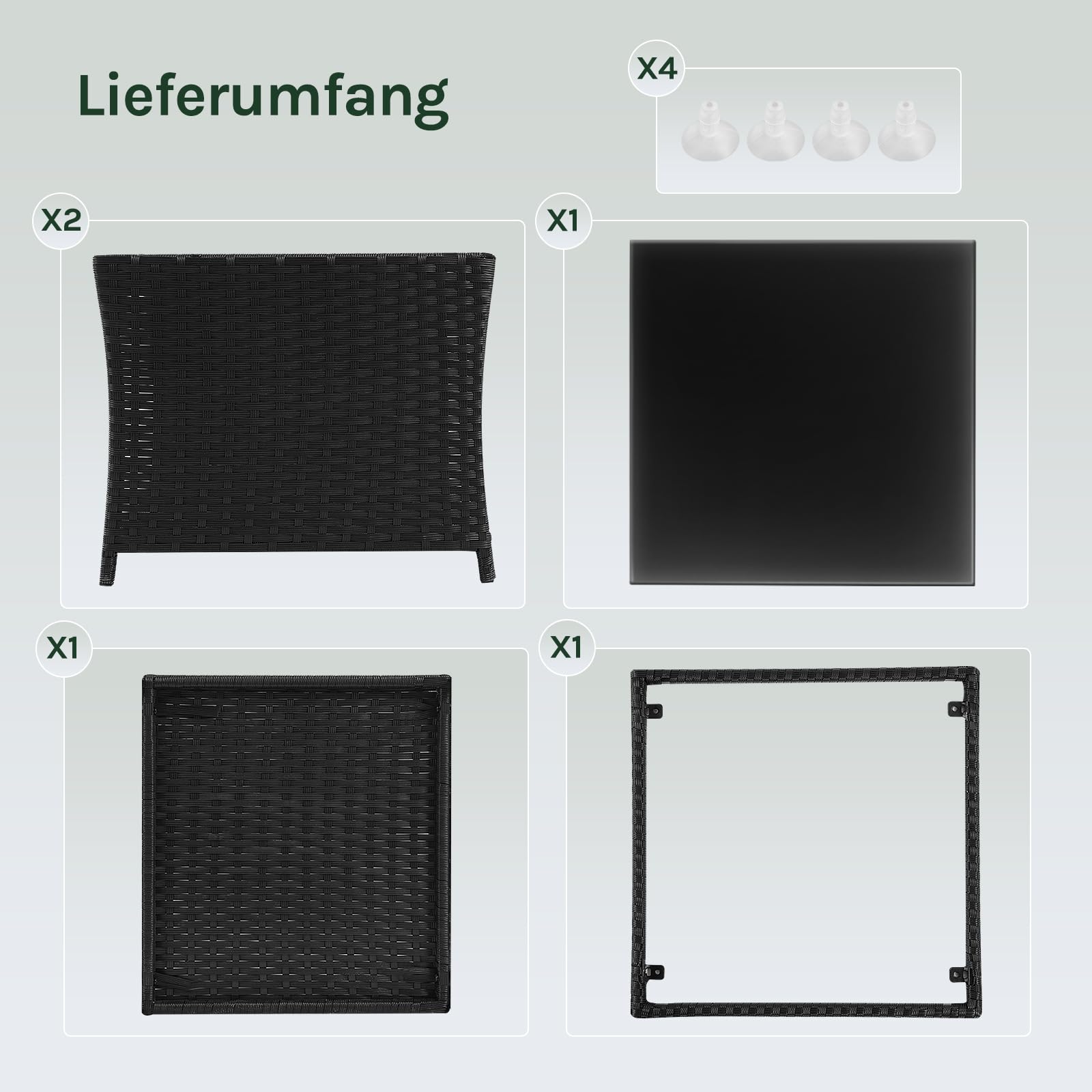 WOLTU Polyrattan Gartentisch, 45x40x45 cm, Beistelltisch mit Glasplatte offenem Fach, Balkontisch wetterfest, Terrassentisch, Outdoor Tisch, Schwarz