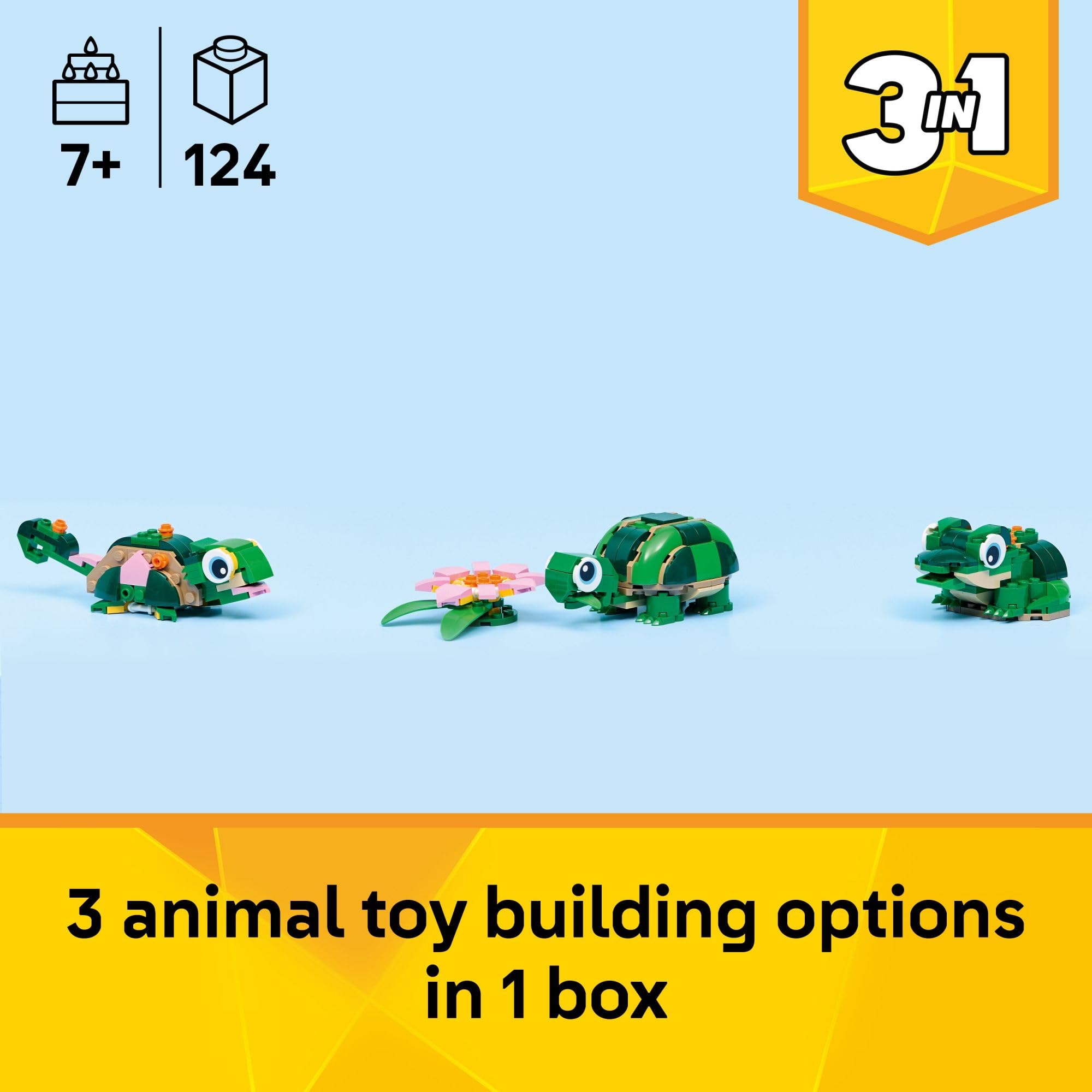LEGO Creator 3 in 1 Turtle with a Water Lily Flower Building Toy for Girls & Boys - Kids Build a Chameleon, Frog, or Turtle Toy Figure - Gift Idea for Animal Lovers, Ages 7+ - 31377