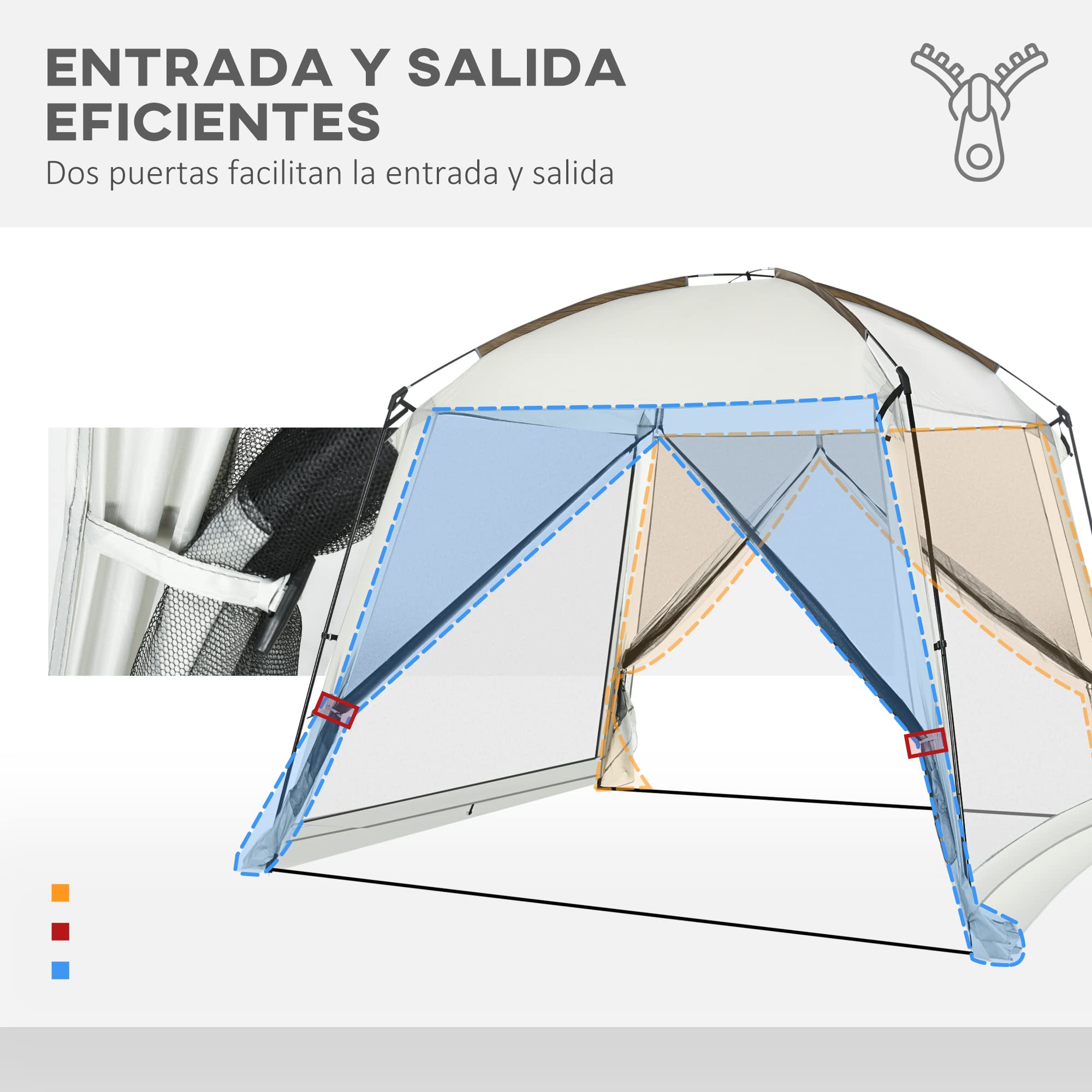 Outsunny Carpa de Jardín 3x3 m para 6-8 Personas con 4 Mosquiteras Blanco | Cenador, 2 Puertas, Protección UV50+, Bolsa de Transporte, Carpa para Camping Terraza Patio Exterior