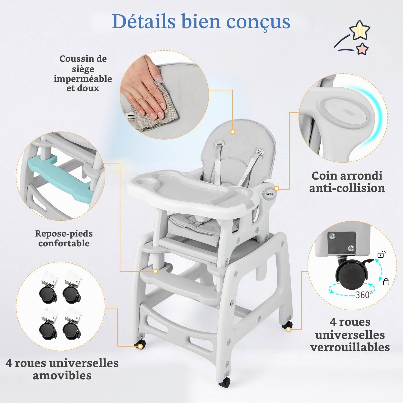 LIFEZEAL 5 en 1 Chaise Haute Bébé Evolutive avec Double Plateau Amovible, Chaise Bebe Confort en PP, Charge de 20 kg, Repose-pieds, Roues Universelles avec Freins, Ceinture de Sécurité, 6+ mois, gris