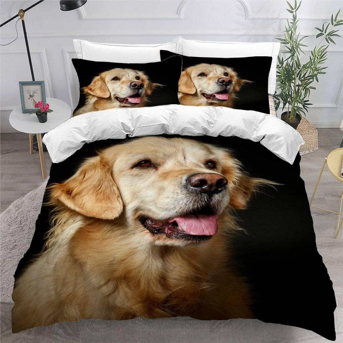 MEVASA Cute Golden Retriever Dog Bedding Double Bed Set Microfiber Teenager Bedding Pets Animals 3D Bedding Set for Small Double 3Pcs Anti Allergic Double Duvet Cover Set with Zipper /200x200 cm