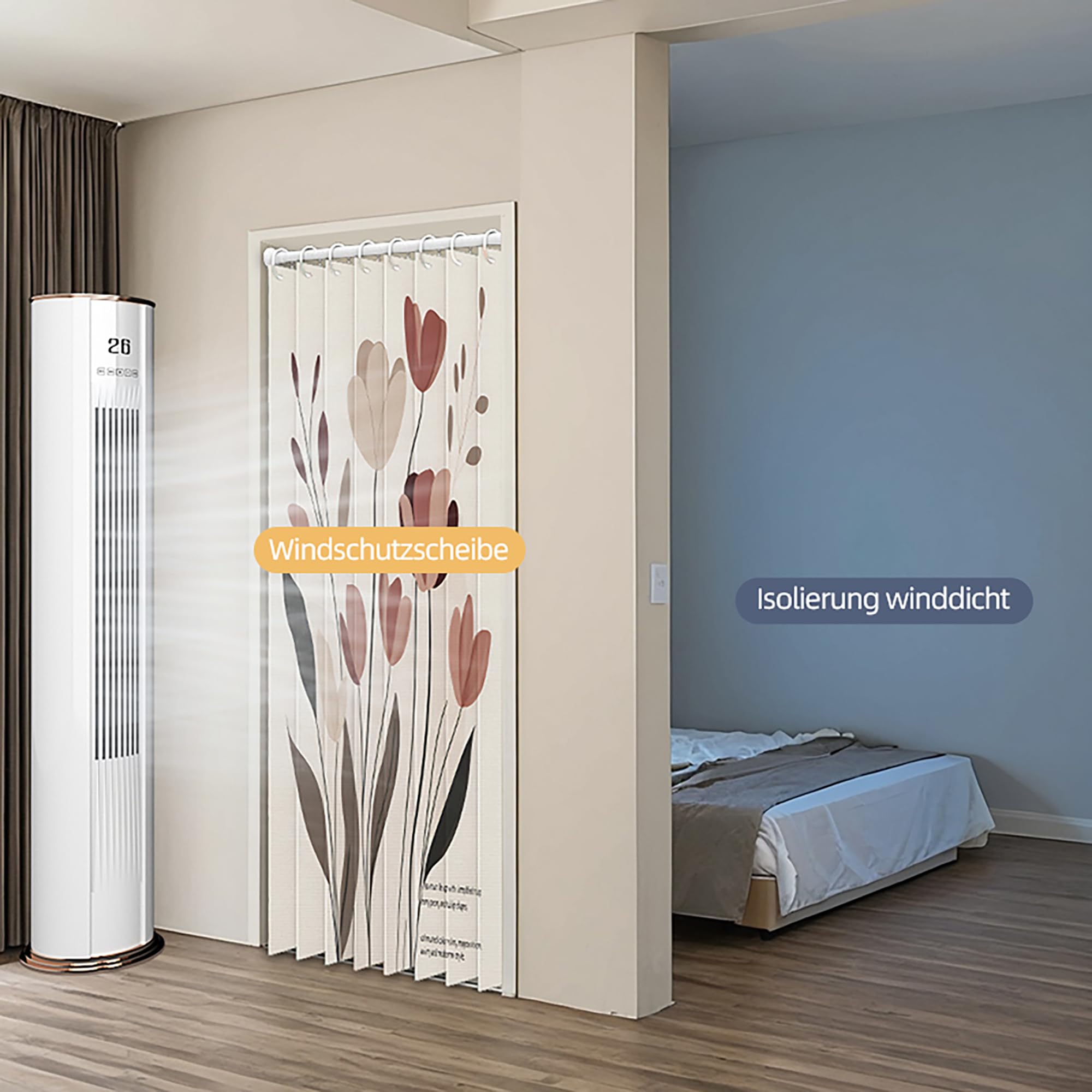 Magnetischer Türvorhang mit Verdunkelung & Blumen-Druck - Faltbarer Raumteiler für Bad, Schlafzimmer, Wohnzimmer (105cm×200cm, Design B)