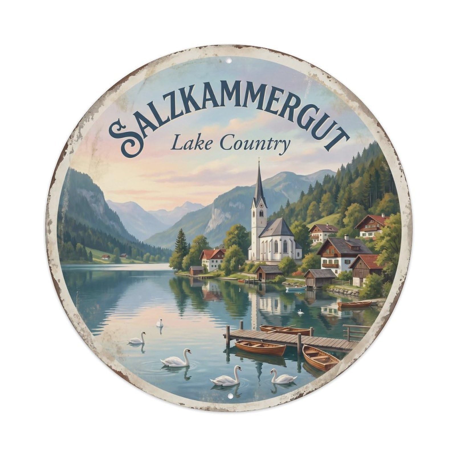 Vintage Travel Salzkammergut Lakeside Countryside Metal Tin Sign Plaque Wall Decor for Cafe, Club, Garden Round Metal Poster 8x8Inch