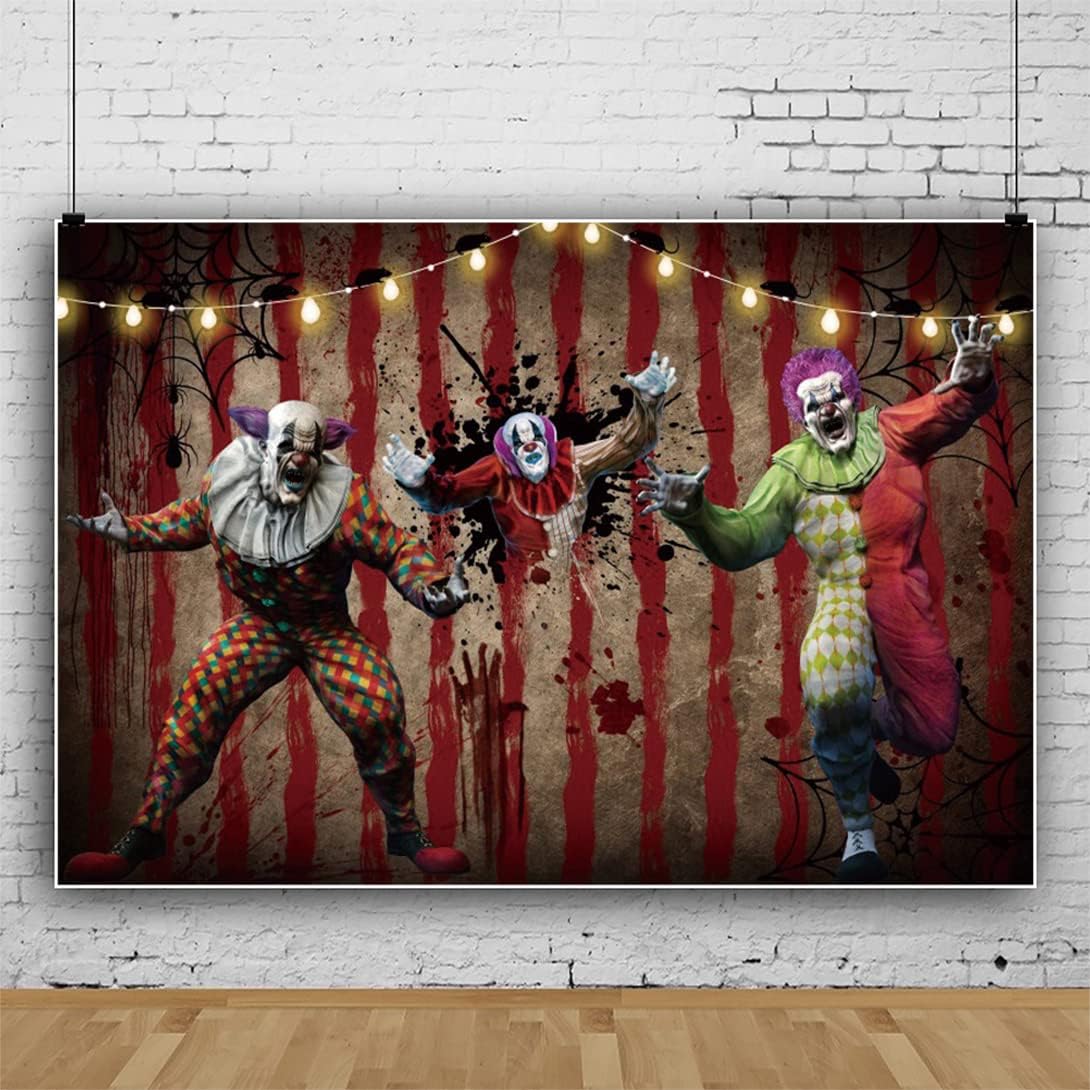 Renaiss 7x5ft Halloween Evil Clown Backdrop Horror Circus Scary Carnival Halloween Background Blood Handprint Spiderweb Trunk or Treat Birthday Party Decors Clown Circus Halloween Photo Booth Props