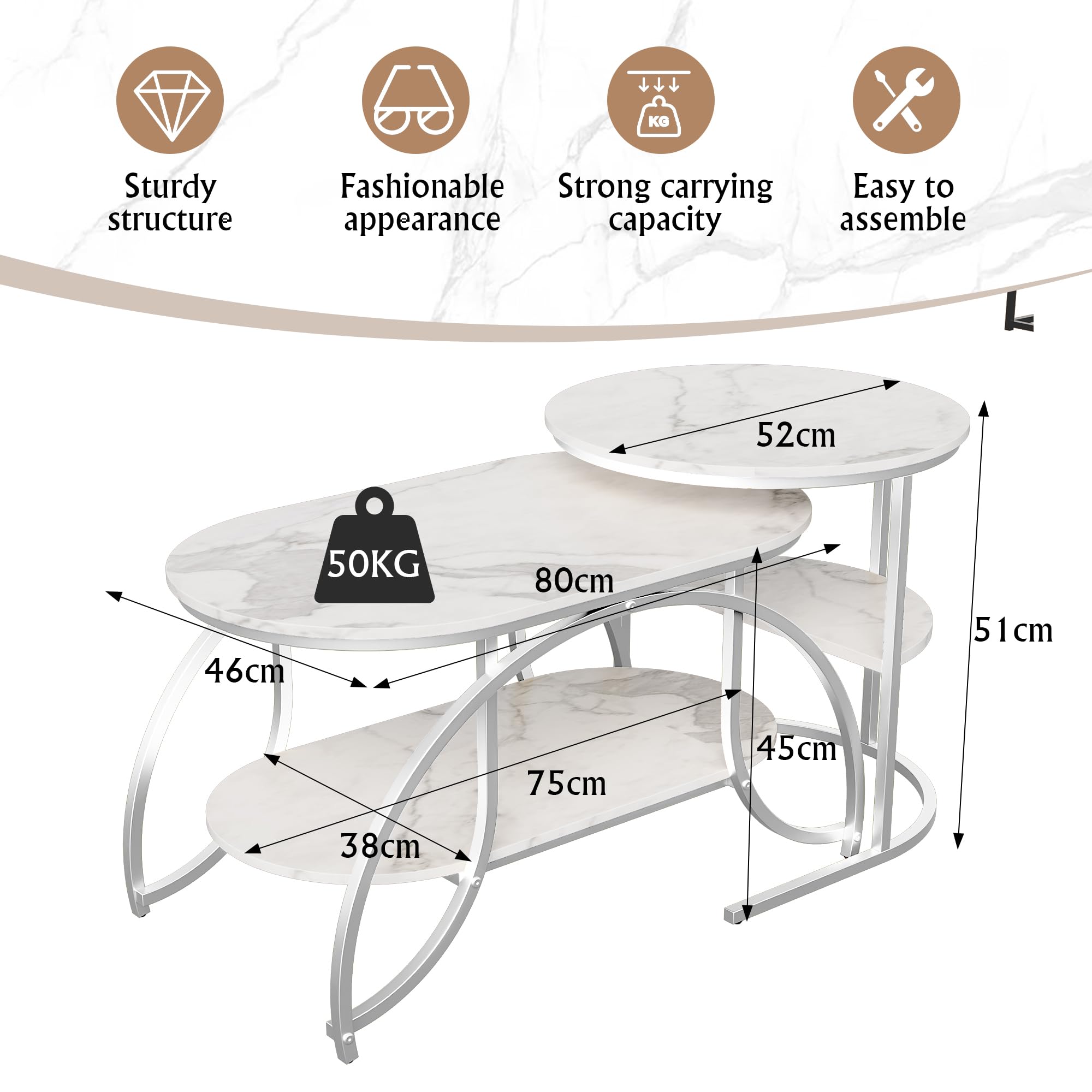 Lot de 2 Tables Basses, Table Gigogne Design Marbre, avec Espace de Rangement, Cadre en Métal, pour Canapé, Salon, Chambre (Argent + Blanc, 80x46x45 cm)