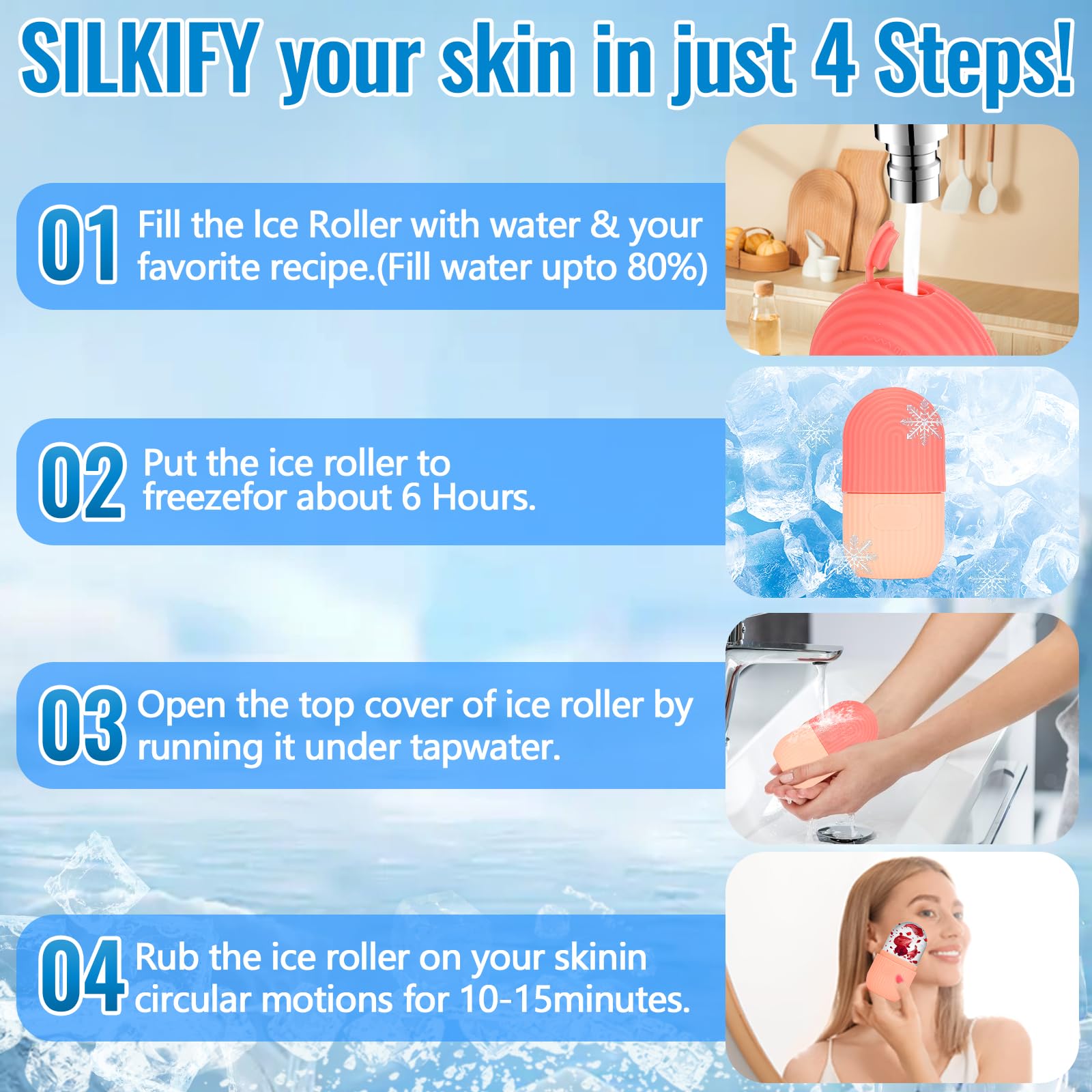 Ice Roller Facial, Hielo Para la Cara de Silicona, Reutilizable Rodillo Facial De Hielo, Rodillo Hielo Facial, Ayuda a Reducir Los Poros, Aliviar el Dolor, Masaje (rosa)