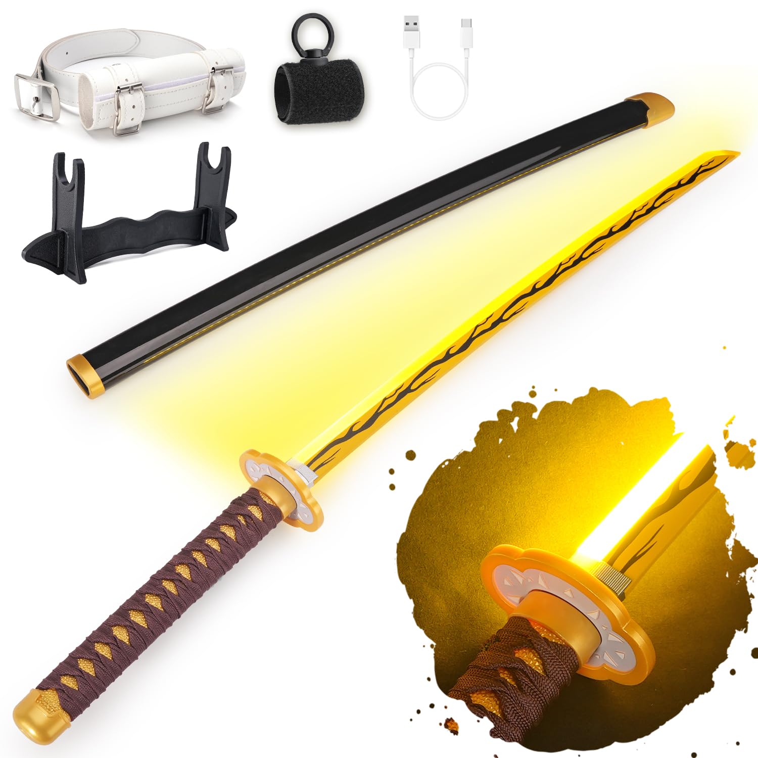 RENGENG Light Up Sword, 40 Inches Rechargeable Plastic Replica with Belt & Stand, Sword with Original Texture