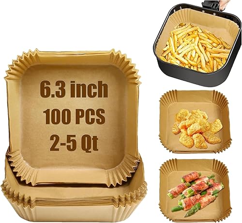 Mini forros para freidora de aire desechables para la mayoría de las freidora de aire pequeñas de 2 a 5 cuartos de galón, 100 piezas de papel
