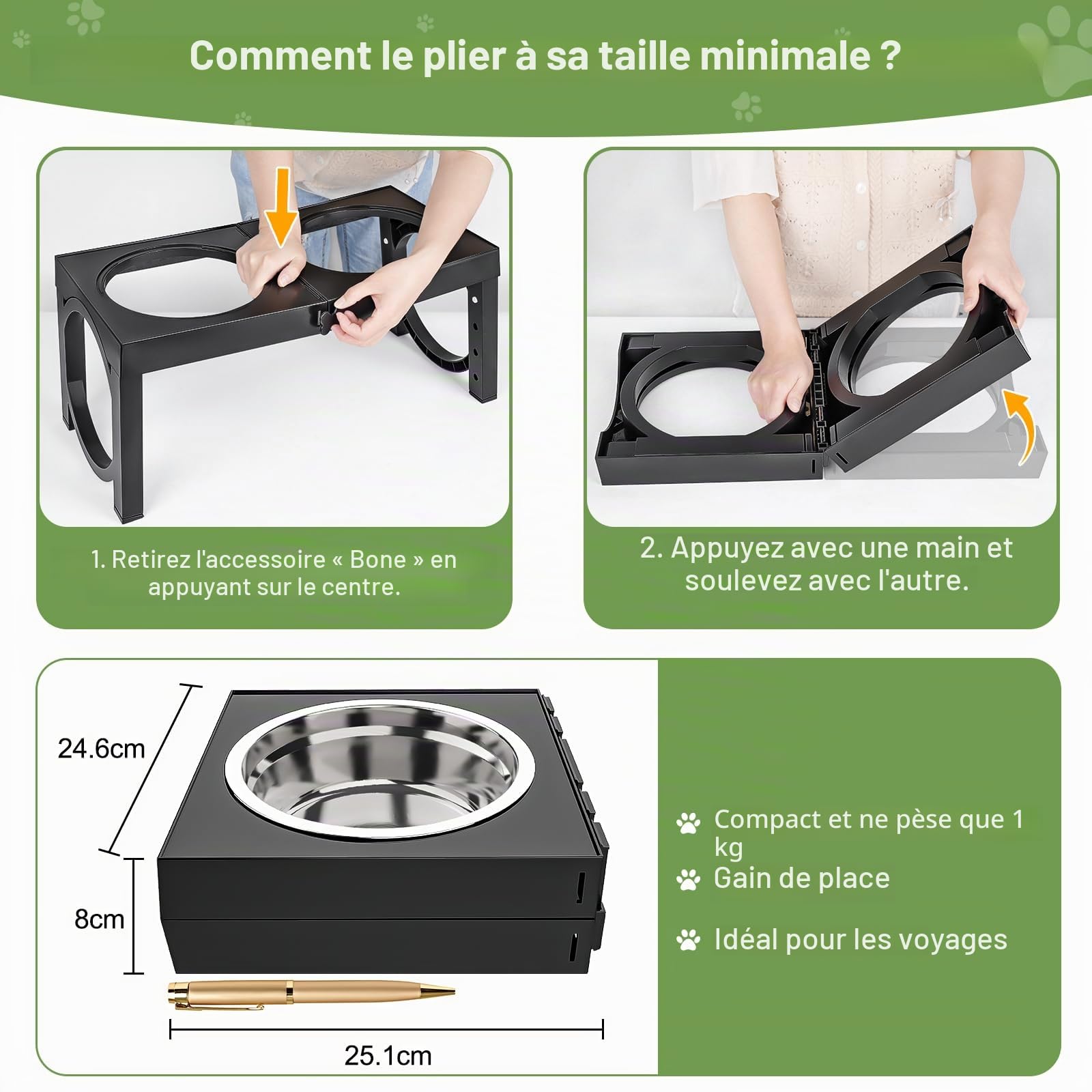 X XBEN Gamelle Chien Surélevées de 5 Hauteurs Ajustables, Gamelle pour Chien avec 2 Bols en Acier Inoxydable de 1,5L, Pliable, Antidérapant, Convient aux Petits, Moyens et Grands Chiens