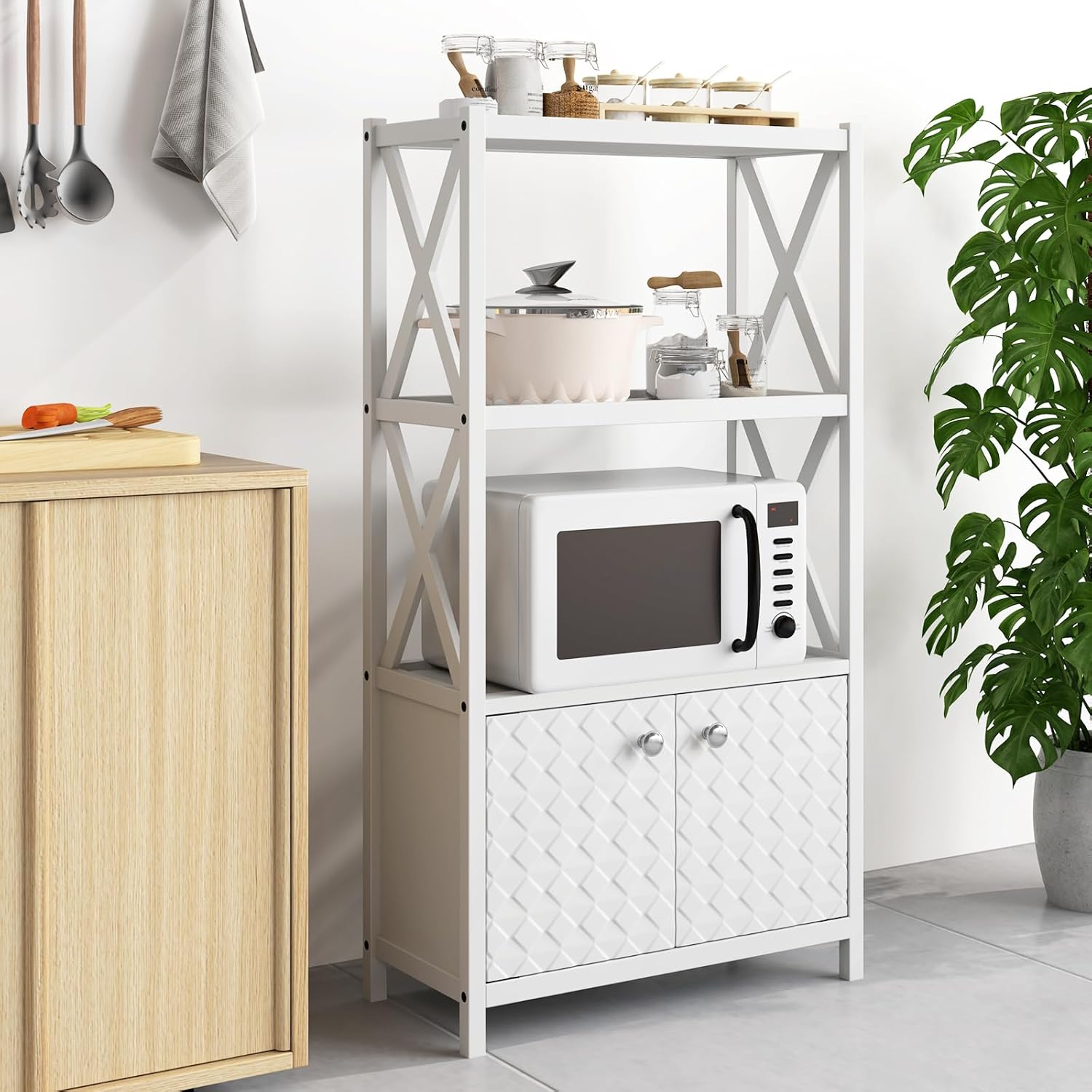 LOKO Freestanding Bathroom Floor Cabinet, Modern Storage Cabinet with 2 Doors & Open Shelves, Anti-toppling Design & Rubber Wood Frame, Storage Organizer for Living Room, Kitchen, Entryway (White)