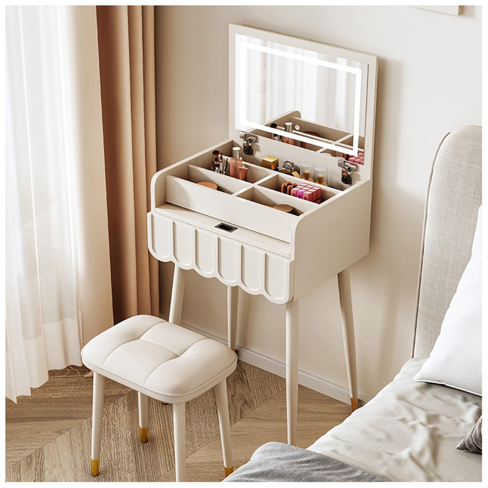 asdchZen Lighted Vanity Desk With Flip Top Mirror, 5 Storage Compartments, Makeup Table & Writing Desk Set With Upholstered Stool-Stylish Black, 60X40X78Cm,White-60x40x78cm