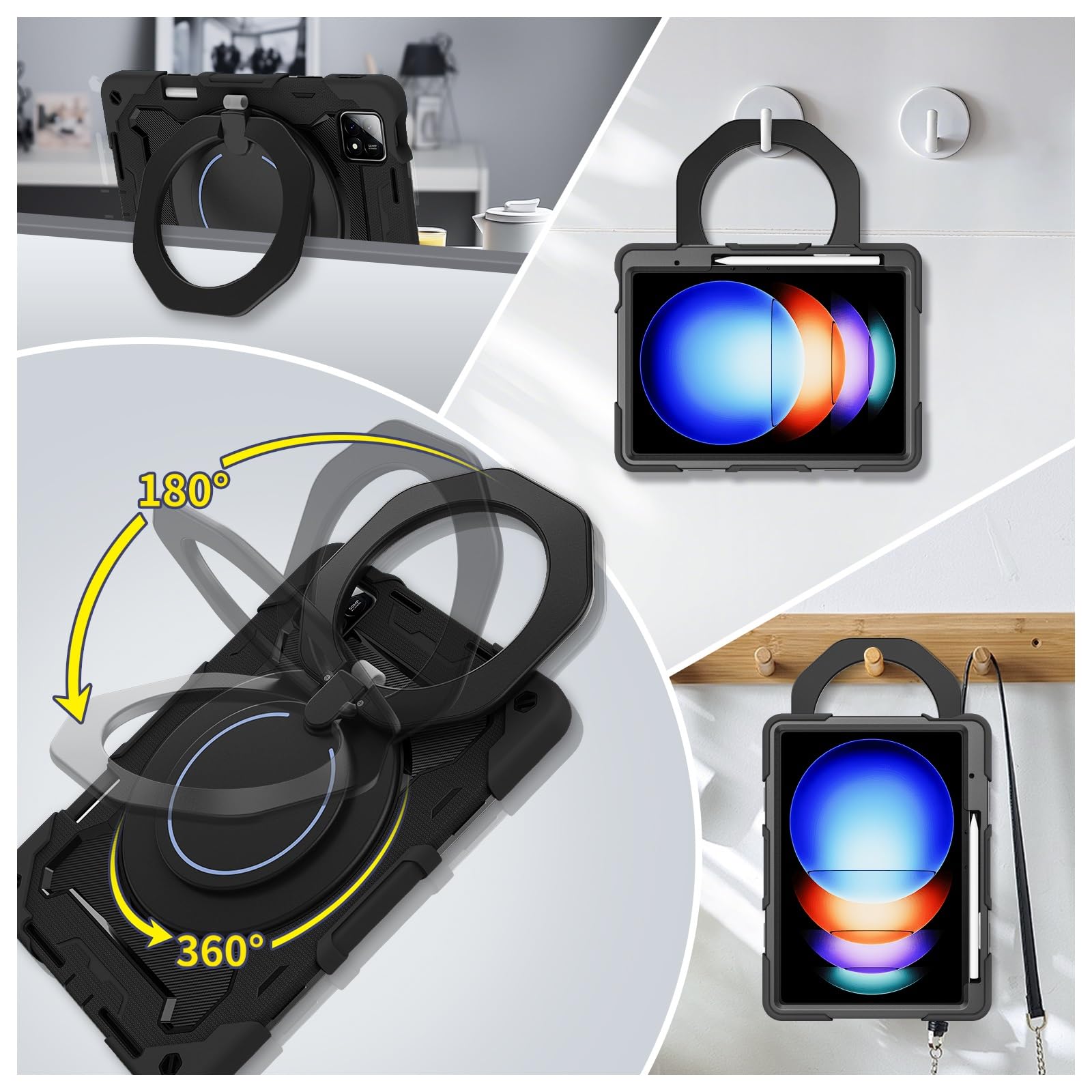 Funda protectora completa resistente para Xiaomi Pad 6S Pro de 12.4 pulgadas (versión 2024), soporte giratorio de 360°, correa para el hombro, soporte para lápices y anillo de asa, funda a prueba de