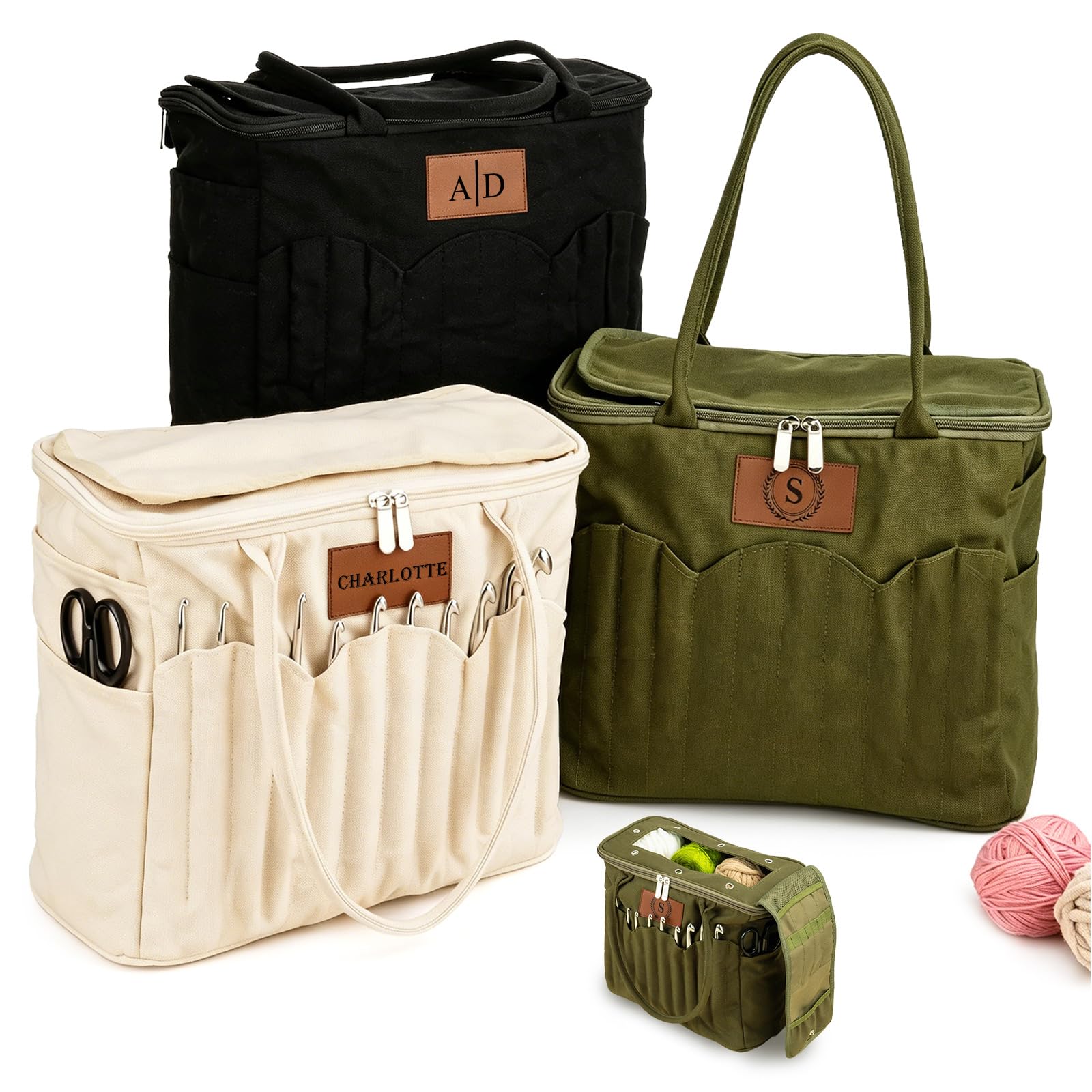 Phexilo Personalized Knitting Bag with Name Leather Patch, Canvas Yarn Bag
