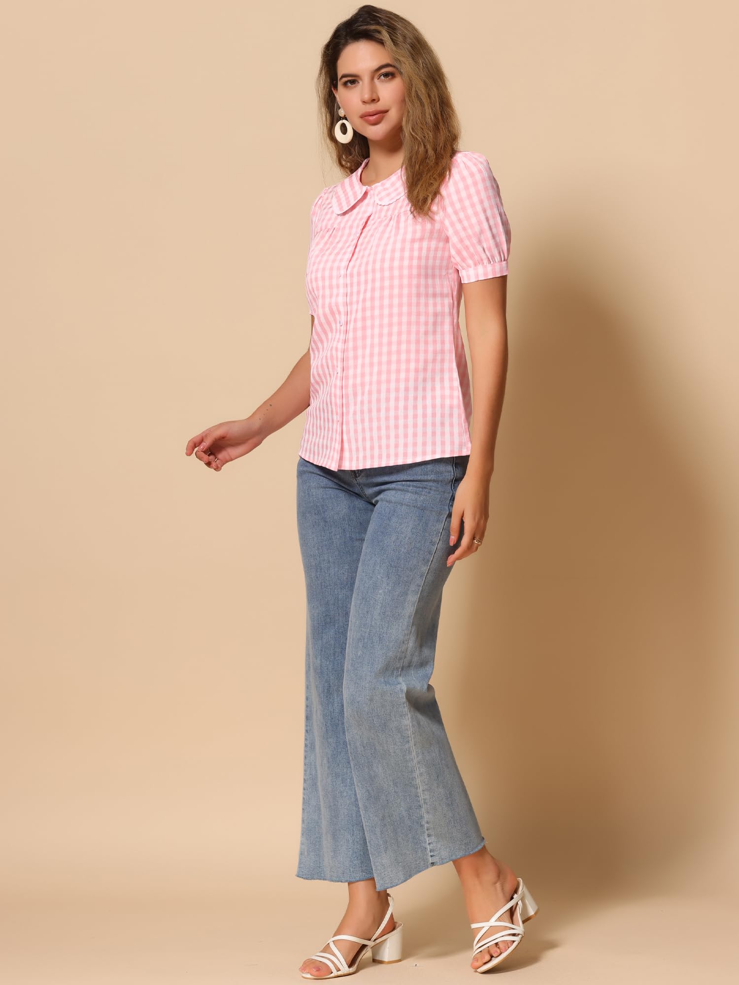 Allegra K Chemise d'été à carreaux à manches courtes et col claudine boutonné pour femme