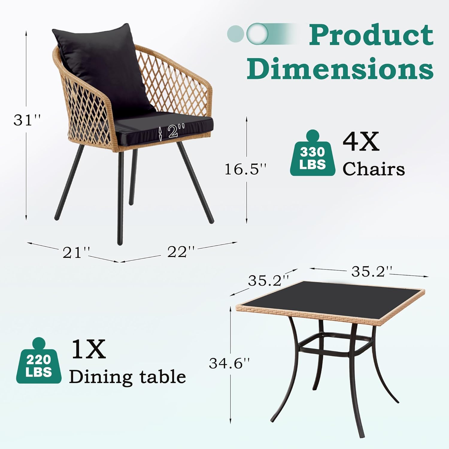 ECOTOUGE 5 Piece Patio Dining Set, Wicker Outdoor Furniture Set w/Glass Square Table, 4 PCS Chairs w/Waterproof Cushions for Backyard Garden Deck, Yellow/Black