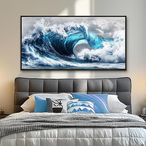 Miniatura 7 de PHAOHUAXM Lienzo grande con diseño de ondas azules, arte de pared para sala de estar, decoración de pared para dormitorio, océano, impresión de