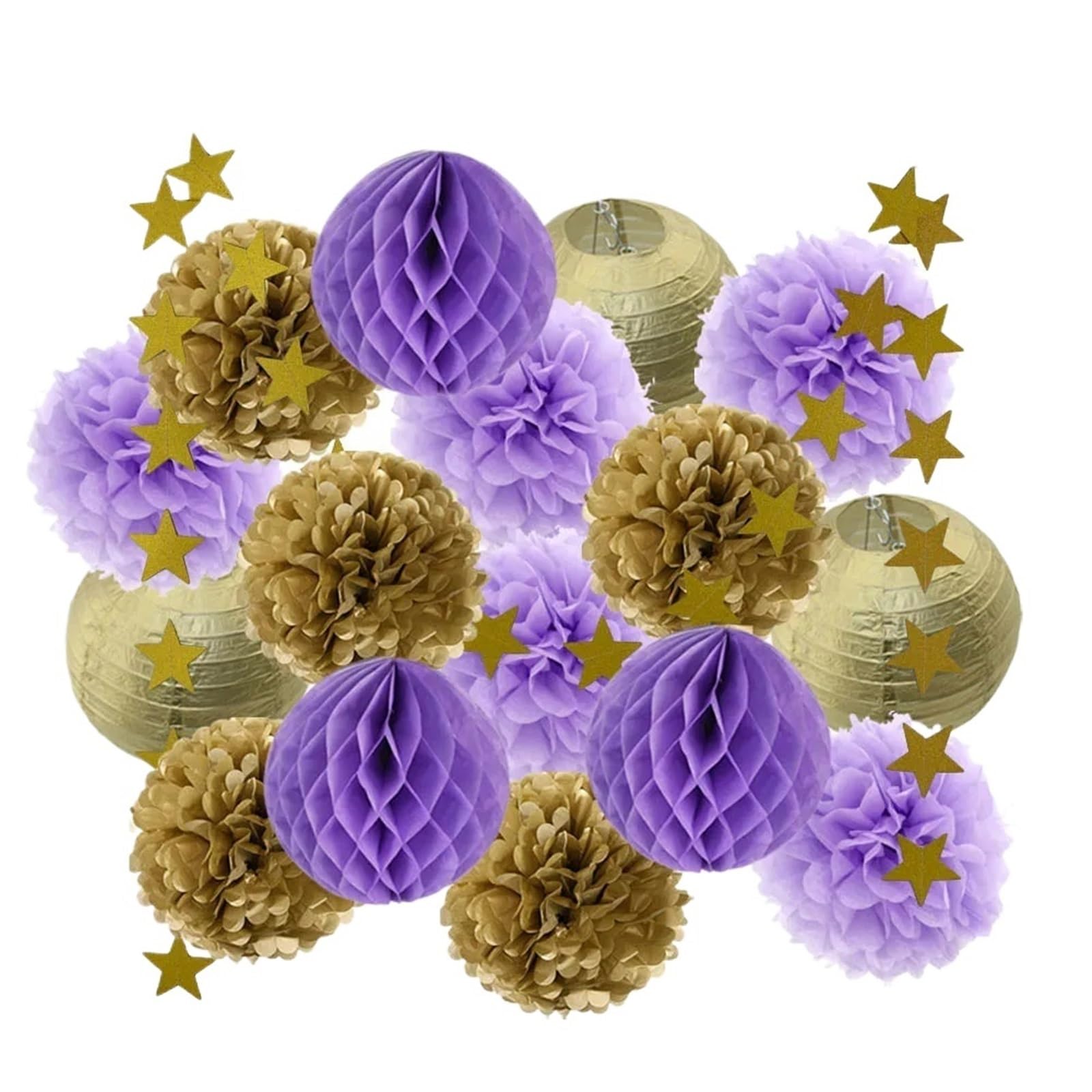 Paper Pom Poms Wedding Ceremony Events Decor Gold Paper Lanterns Honeycomb Red Tissue Pompom for Party Supplies(Gold Purple)