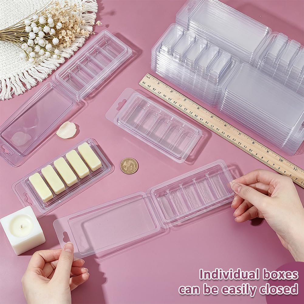 BENECREAT 60 Pack Wax Melt Molds, Clear PET Wax Melt Clamshells with Foldable Design, Rectangle Candle Making Molds for Wickless Candles and Soap Making, 10.47x 2.56x0.95 Inches