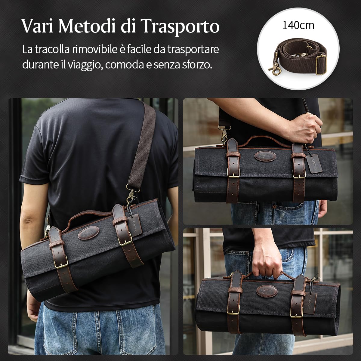 XINZUO Borsa a Rotolo per Coltelli Nera,Bcustodia per Coltelli da Chef,12 Scomparti per Contenere Gli Strumenti da Cucina,Tela Cerata da 16oz e Pelle,Borsa Porta di Utensili di Cucina (Solo Borsa)
