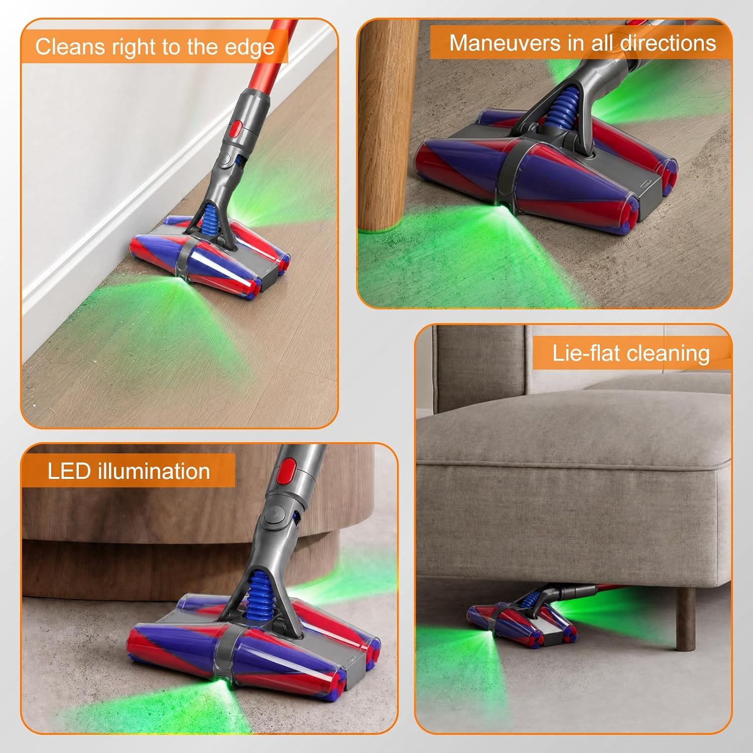 PencilVac Fluffycones Staubsaugerbürstenkopf für Dyson V10 V11 V15 SV10 SV11 SV12, Hartbodendüse mit Dualen Grünen LED-Leuchten, Anti-Tangle Staubsaugeraufsatz für Tierhaare