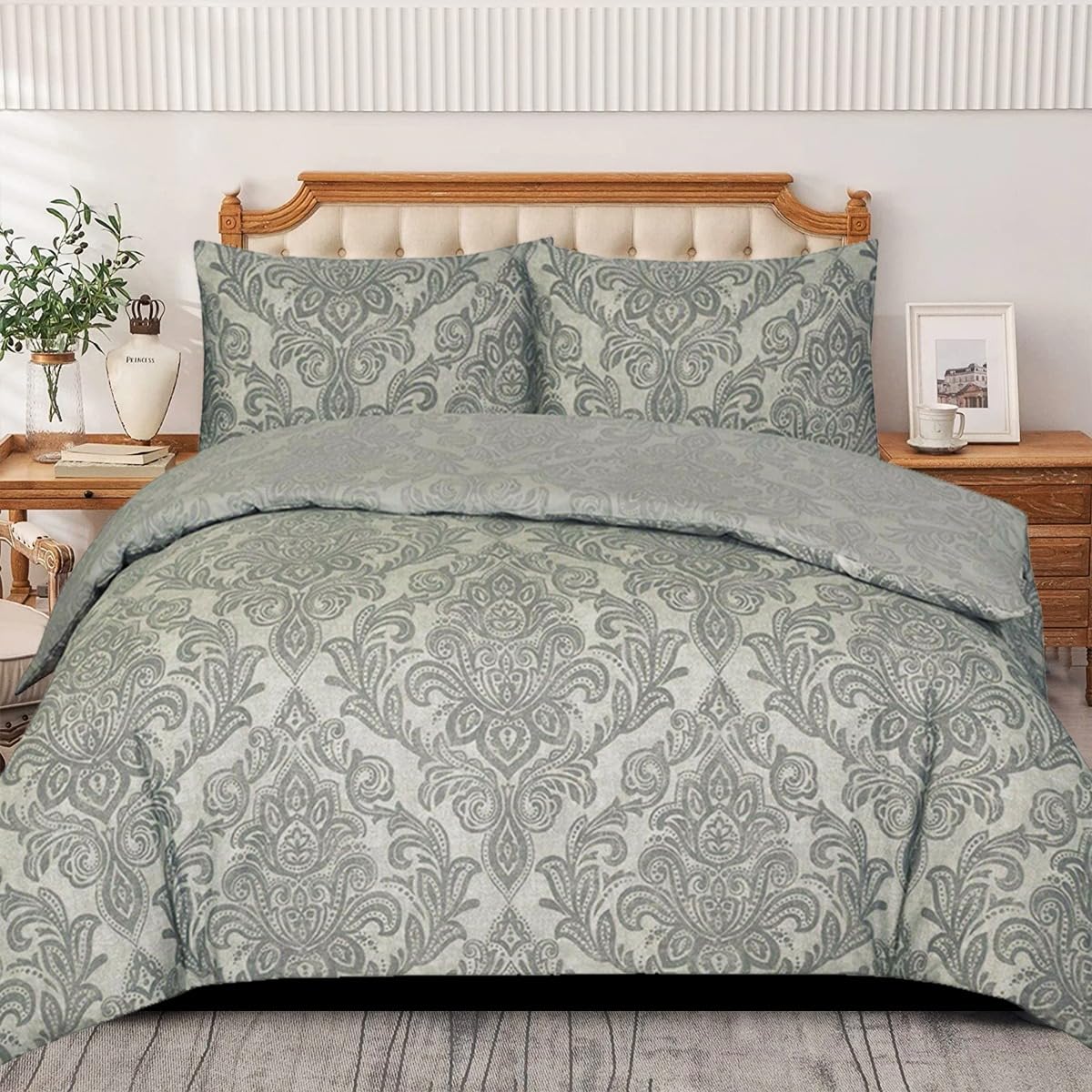 PHP Rich Cotton Duvet Cover Set - Soft Thick Solid Damask Pattern Printed Duvets Quits Covers 2Pcs Comforter Bed Cover Bedding Set with 1 Pillow Shams (Single, Damask Grey)