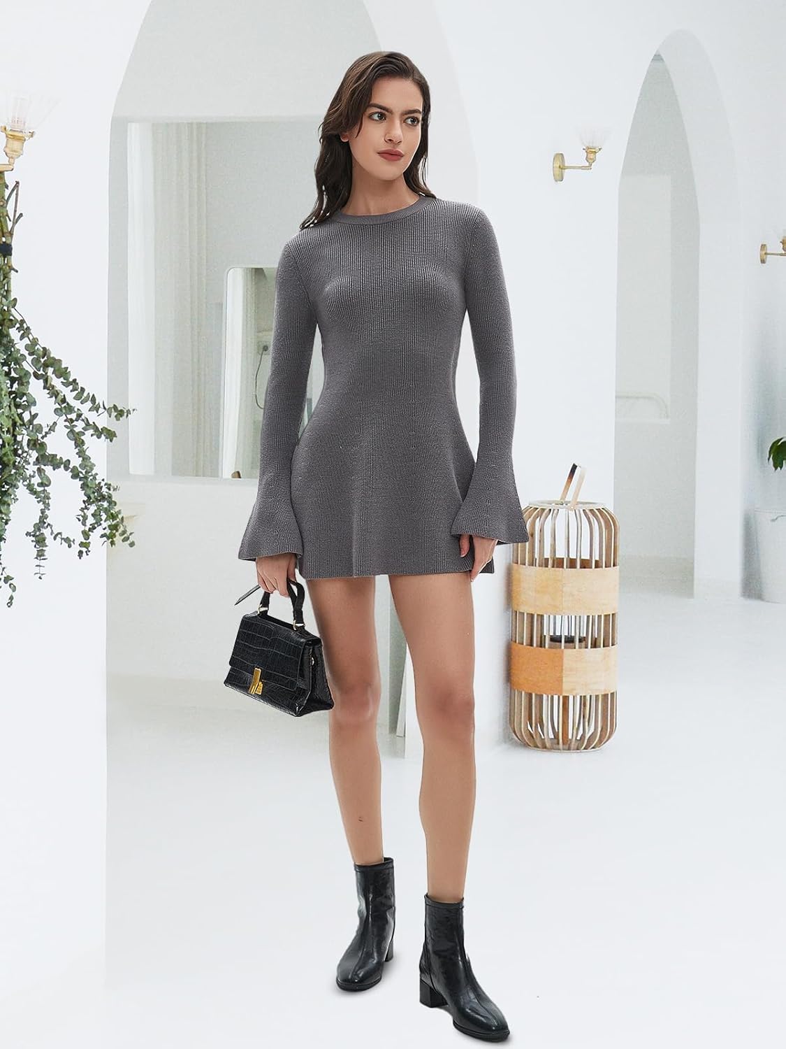 Women Spring Fall Winter Casual Sweater Dress Crew Neck Mini A-Line Knit Flare Sleeve Pullover Sweaters Dresses - Image 5