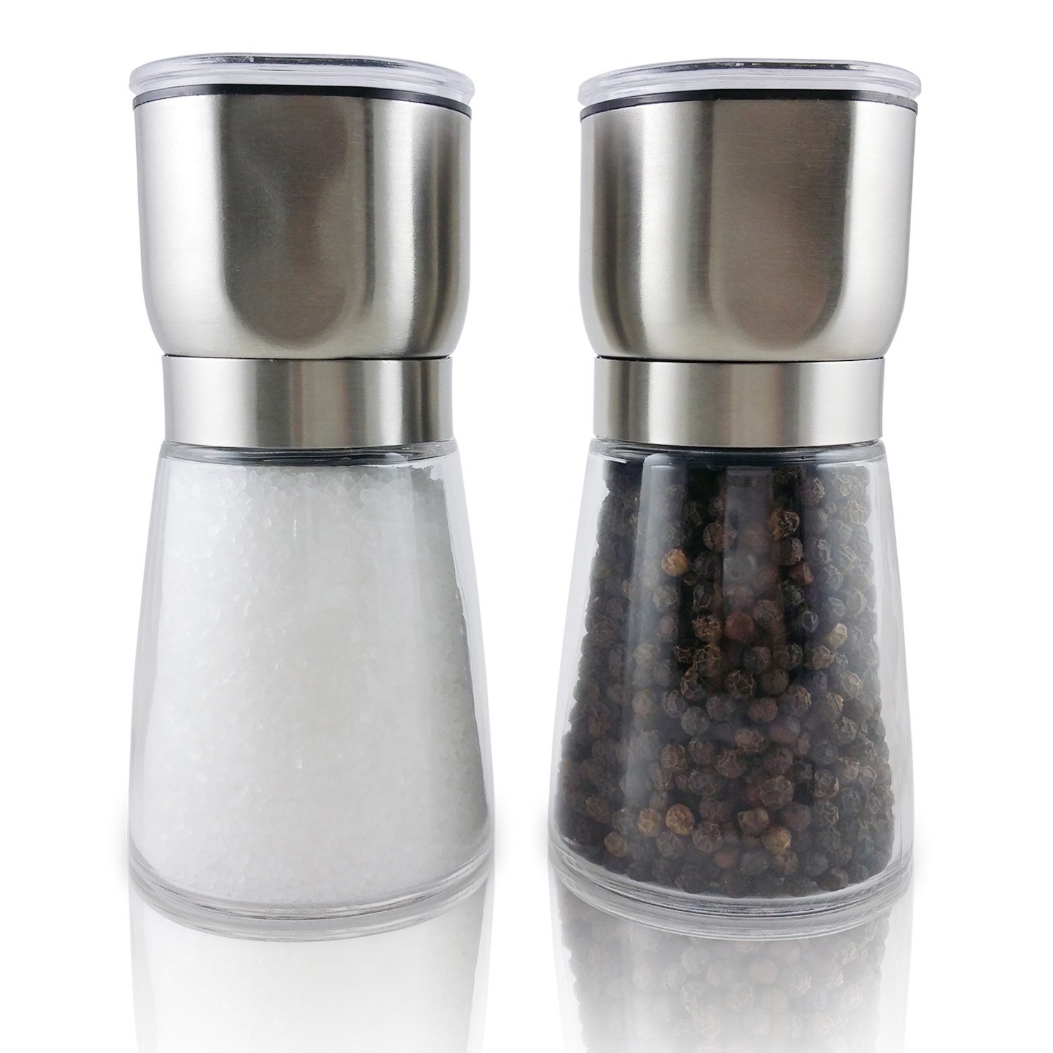 Salt and Pepper Grinder Set with Two Stainless Steel Top Glass G...