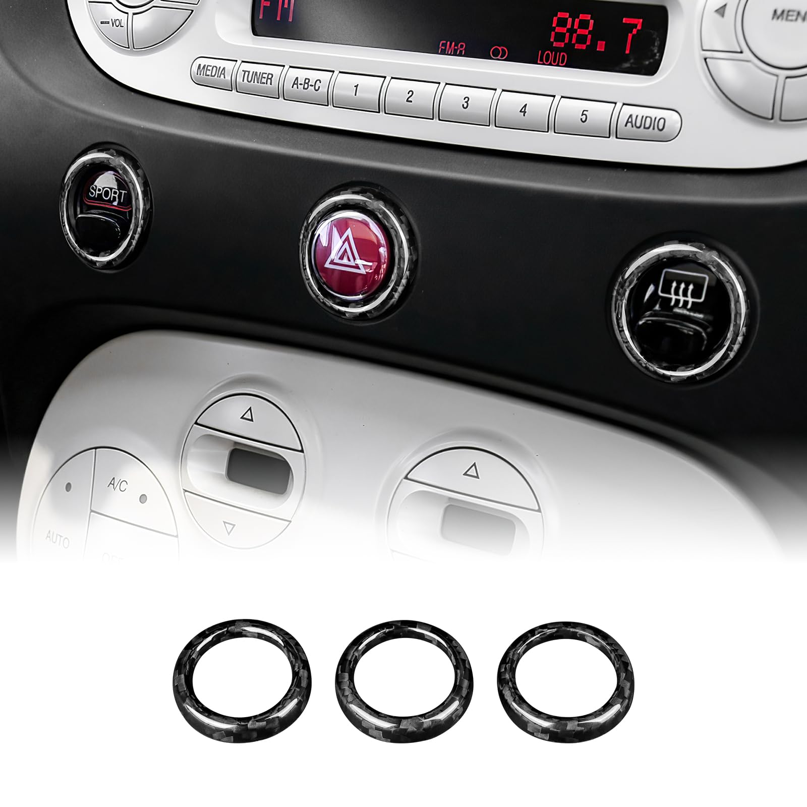 KUNGKIC Pour Fiat 500 2008-2023 Abarth 595/595C/695 2012-2023 Commande centrale de voiture Voyant d'avertissement Bouton Cercle Fibre de Carbone dur Autocollant décoratif Intérieur Accessoires Cadeau
