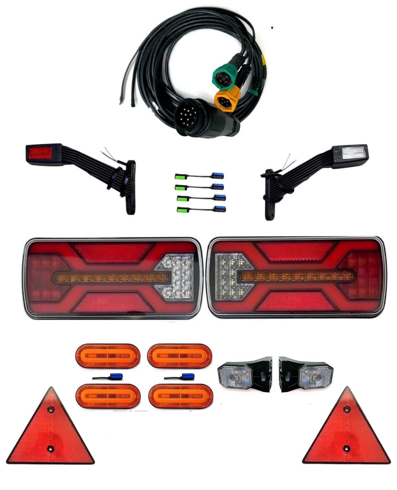Kit éclairage LED remorque complet 5–9m – Feux arrière LED Neon 5 fonctions IP67, feux gabarit blancs/jaunes QS075 ou CLICK-ON, câble 13 broches, 12–24V, homologué E9