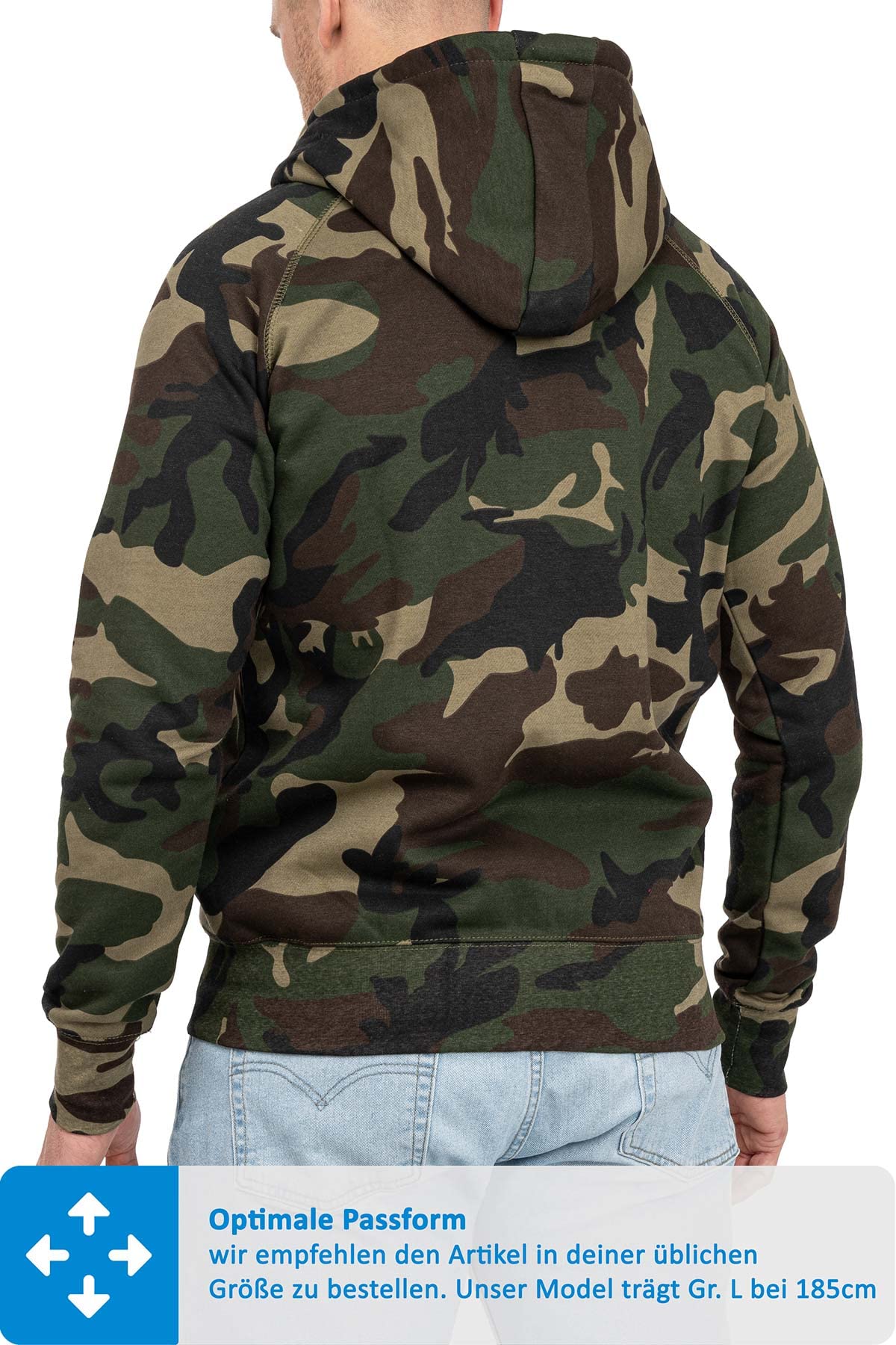 Happy Clothing Herren Sweatjacke Camouflage - Kapuzenjacke mit Tarnmuster, weiches Fleece innen, Baumwollmischung, 300 g/m², Zip Hoodie mit Zwei Taschen, Regular Fit, Militär - Größen XS-5XL