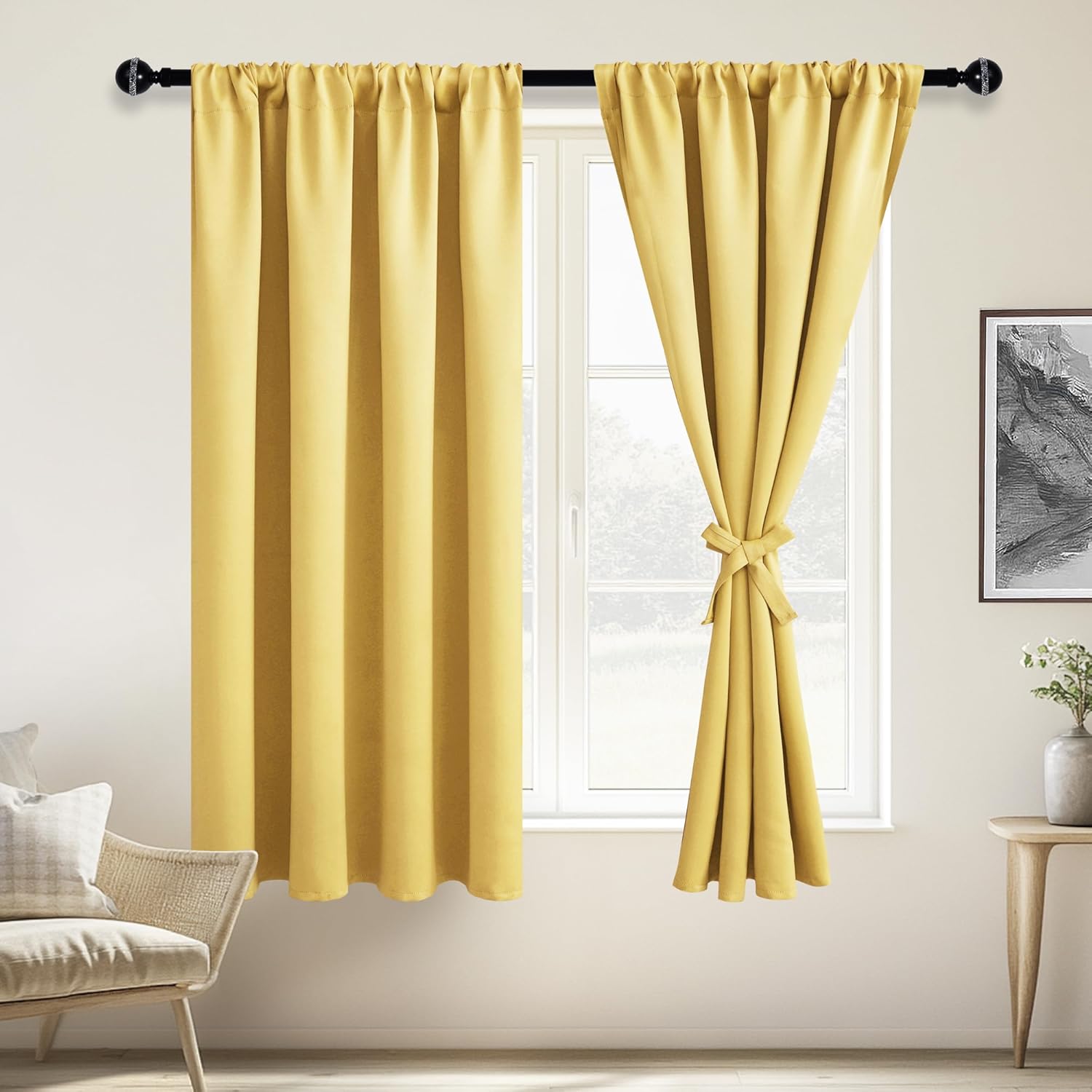 JIUZHEN Blackout Curtains  Thermal Insulated,Noise Reducing Room Darkening Soundproof Drapes for Living Room,Bedroom, Set of 2 Panels with Tiebacks, 42 x 63 inch Long, Light Yellow