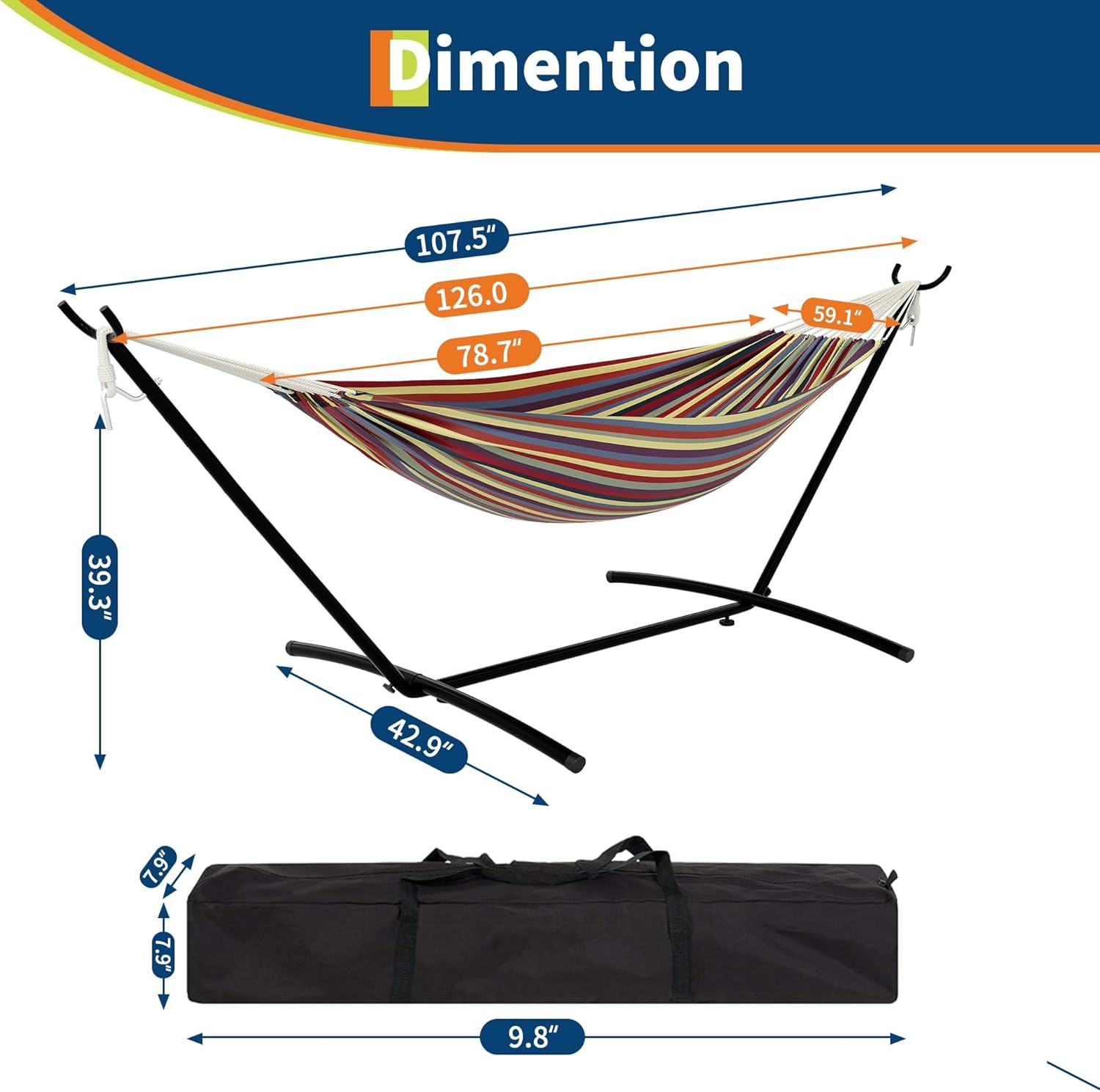 Garvee Instant Setup Hammock with Reinforced Steel Frame, Portable Outdoor Hammocks for Garden Camping, Heavy Duty Garden Yard Outdoor 350 LBS Capacity, Rainbow Stripes