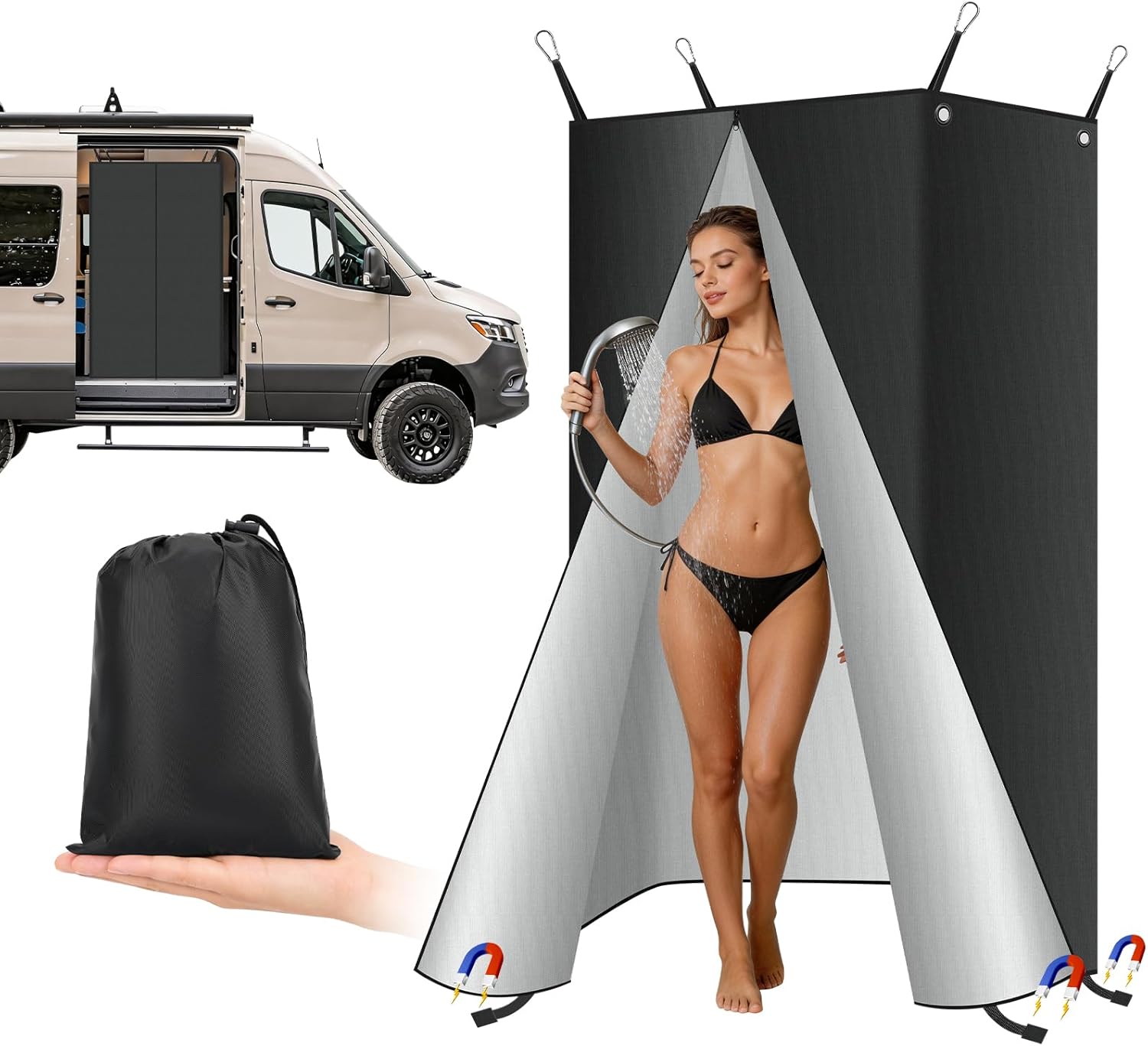 RV Shower Curtain with Magnetic Bottom - 420D Heavy Duty Opaque Privacy Folding Curtain for Camping, Camper Van, Travel Trailer, Sailboat, Outdoor -Includes Toiletry & Clothes Pockets 30 x 72