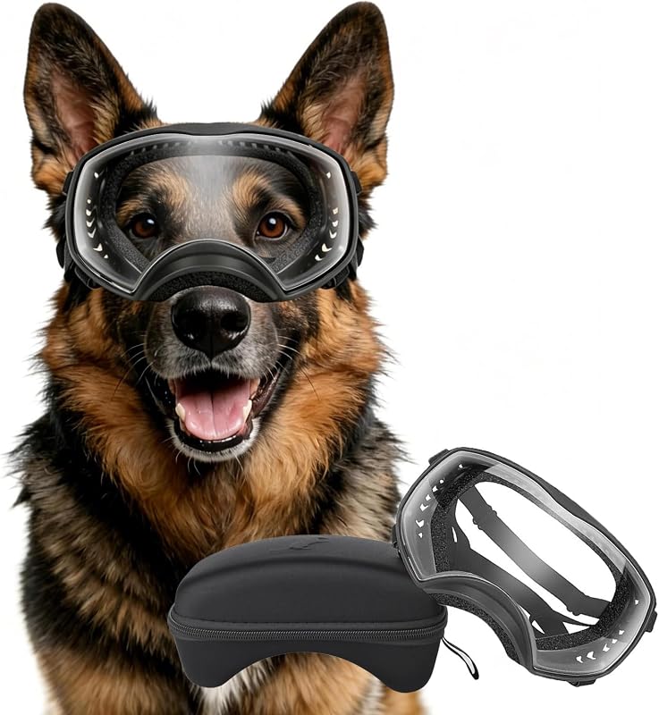 Óculos de Sol para Cães com Lentes Transparentes, Proteção UV e Tiras Elásticas Billionchains – Armação Preta