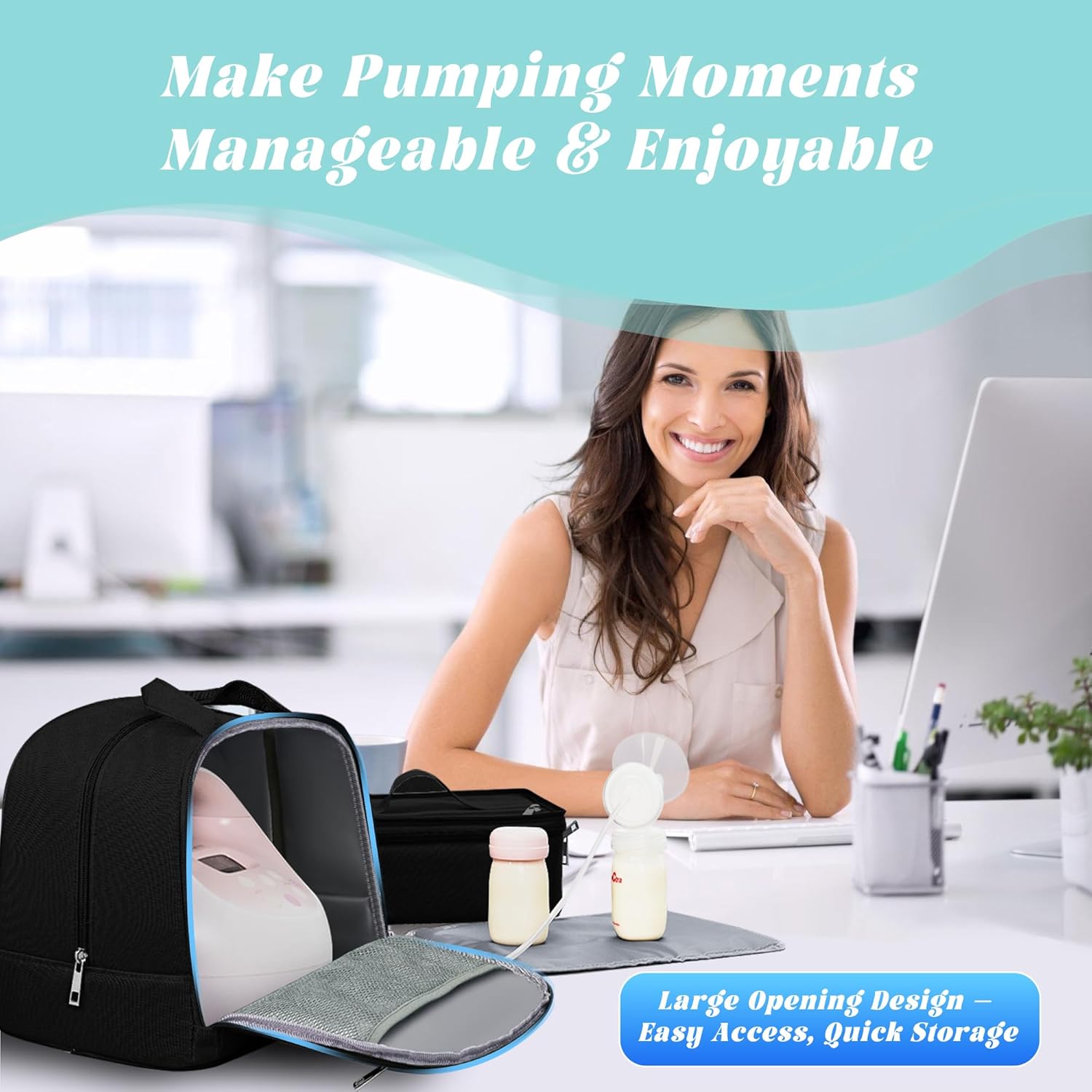 Breast Pump Bag with Insulated Cooler, Double-Layer Pumping Bag for Work & Travel, Fits Most Electric Breast Pumps, Includes 10 Ice Packs & Waterproof Mat, Detachable Bottle Cooler Tote, Black - Image 6