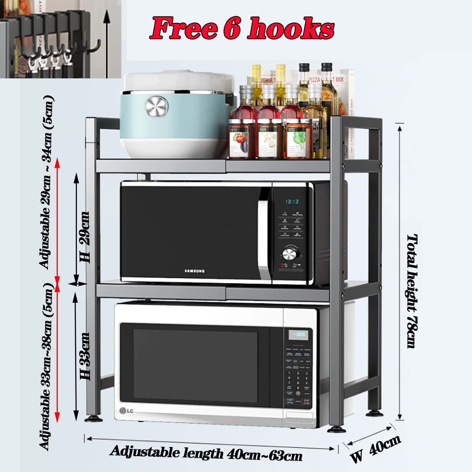 Soporte ajustable para microondas con estante de metal extensible y 6 ganchos para almacenamiento de cocina, encimera, ollas y sartenes, solución que ahorra espacio