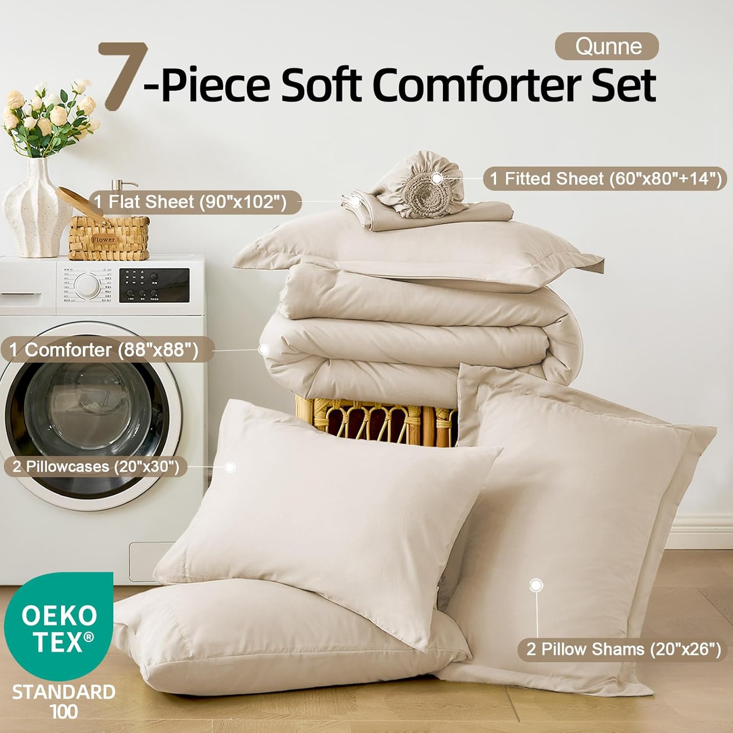 FUANNA Queen Comforter Set Beige, 7 Pieces Soft Bedding Sets Queen Size, All Season Lightweight Bed in a Bag with Comforter, Flat Sheet, Fitted Sheet, Pillowcases & Shams - Image 4