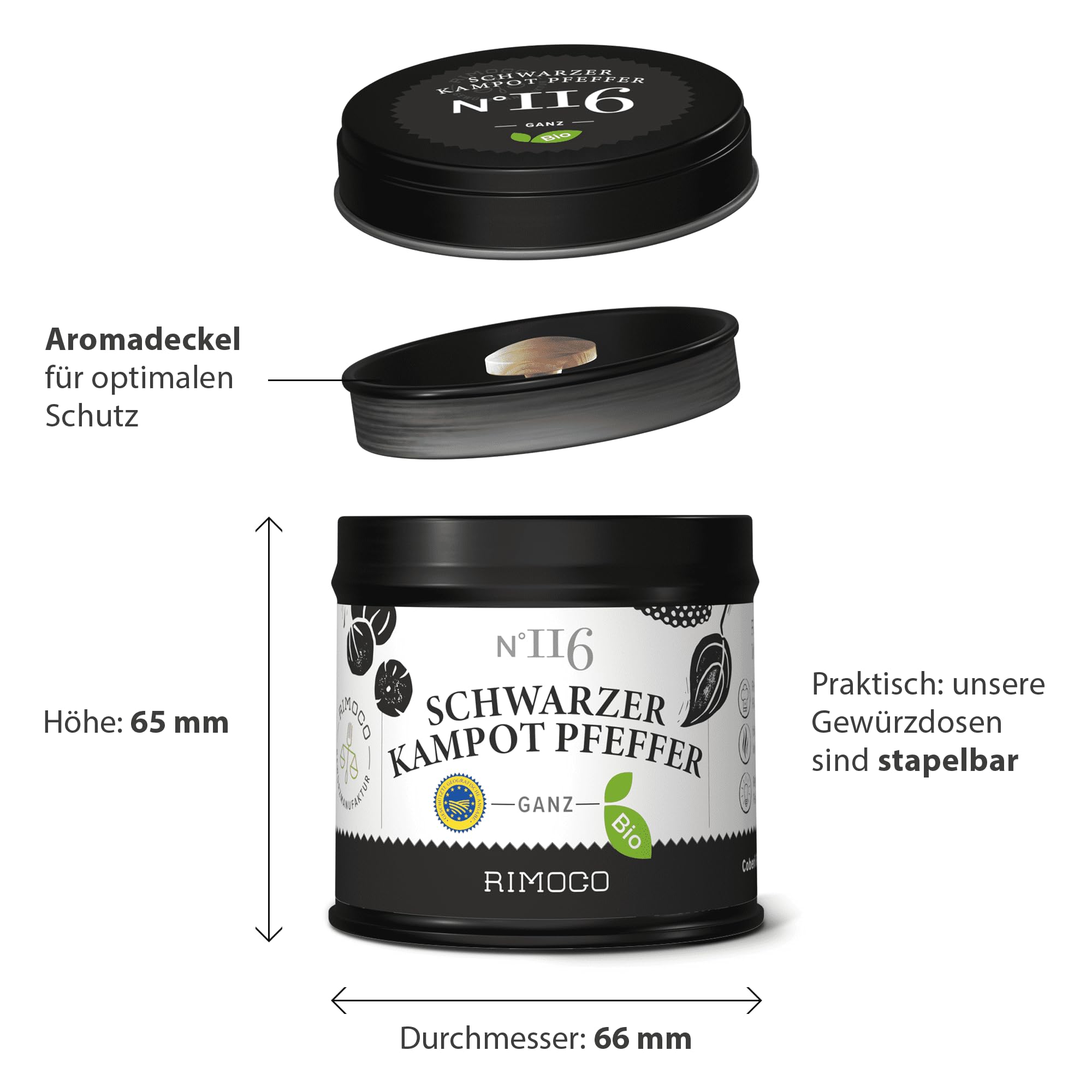 Rimoco N°116 Bio Kampot Pfeffer schwarz - echte schwarze Kampot Pfefferkörner aus Kambodscha | eine der edelsten Pfeffersorten der Welt | Bio Anbau (DE-ÖKO-007) | 500g in Kraftpapier Zip-Beutel
