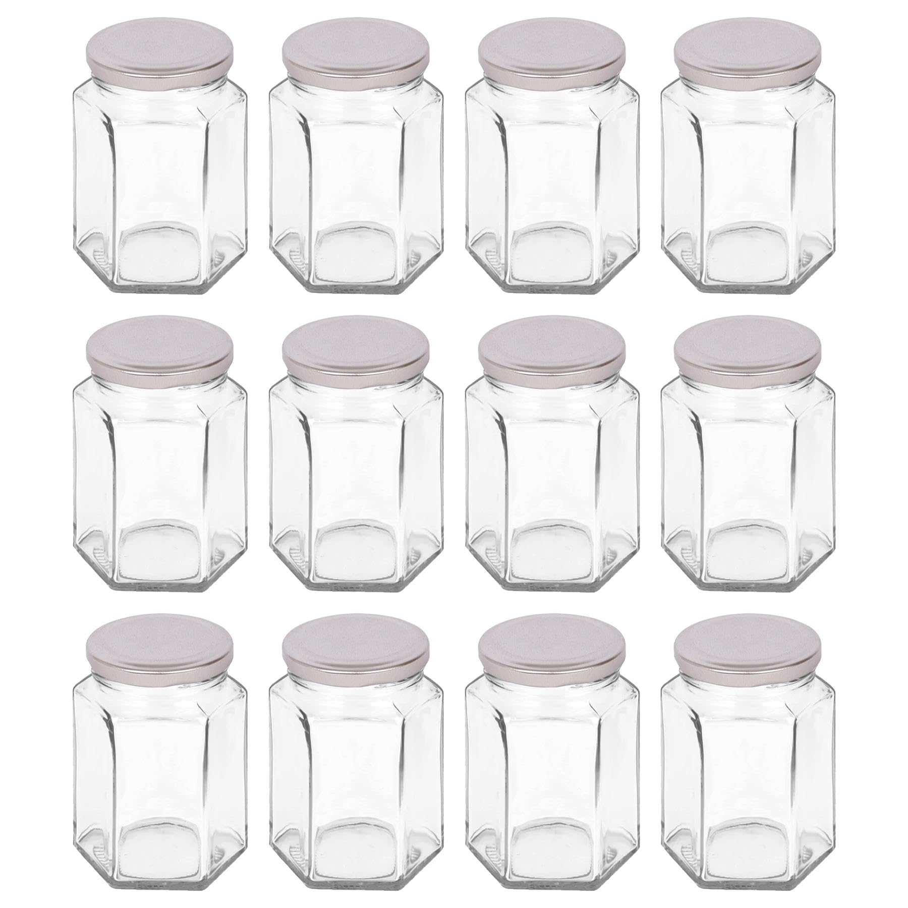 Argon Tableware 250ml Hexagonal Glass Jam Jars with Silver Lids - 12x Empty Screw Top Kitchen Food Honey Spice Chutney Preserving Canning Storage Jar Container Glasses Set