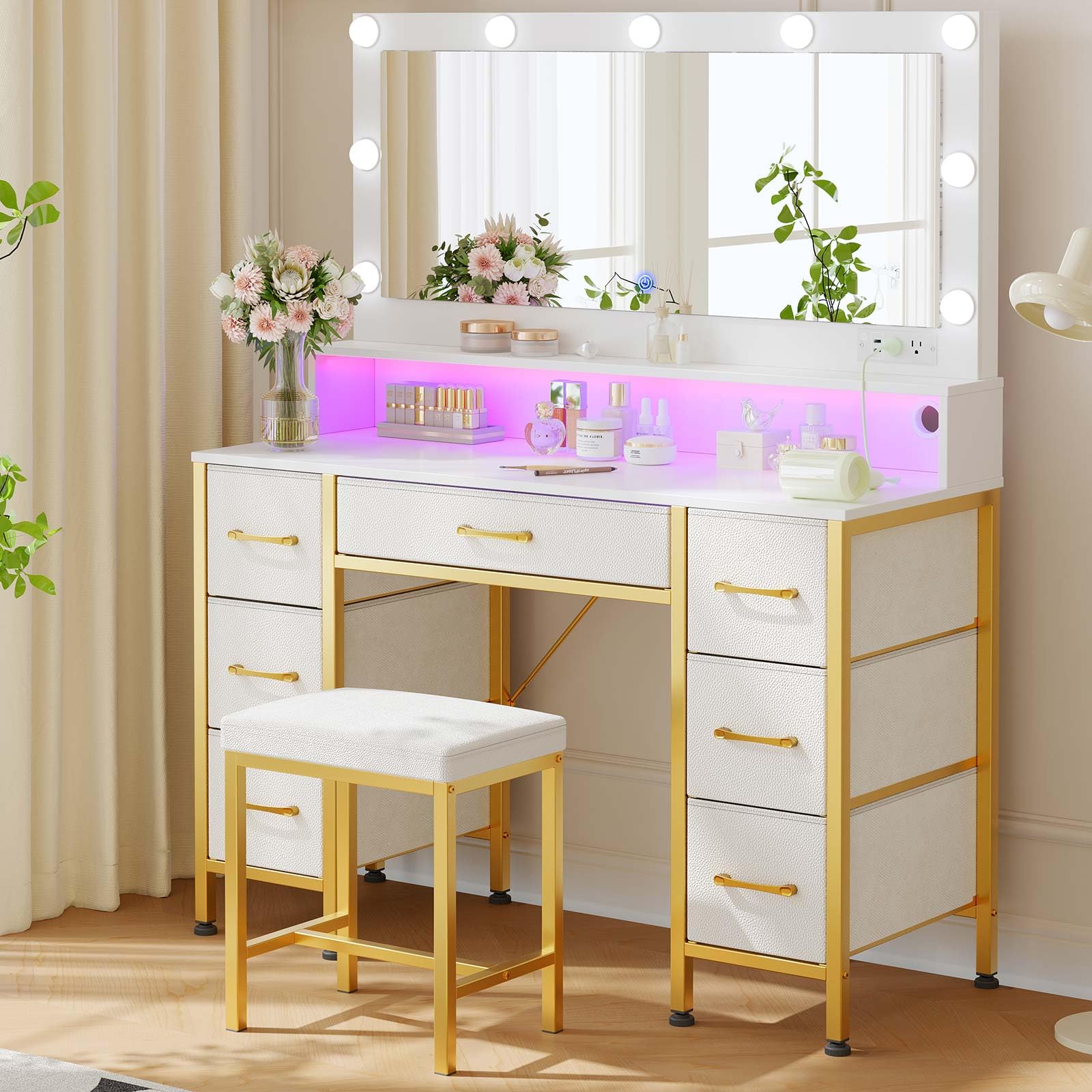 Rolanstar Vanity Desk with Mirror, Makeup Vanity with Upholstered Vanity Stool, Fabric Drawers, Vanity Set White