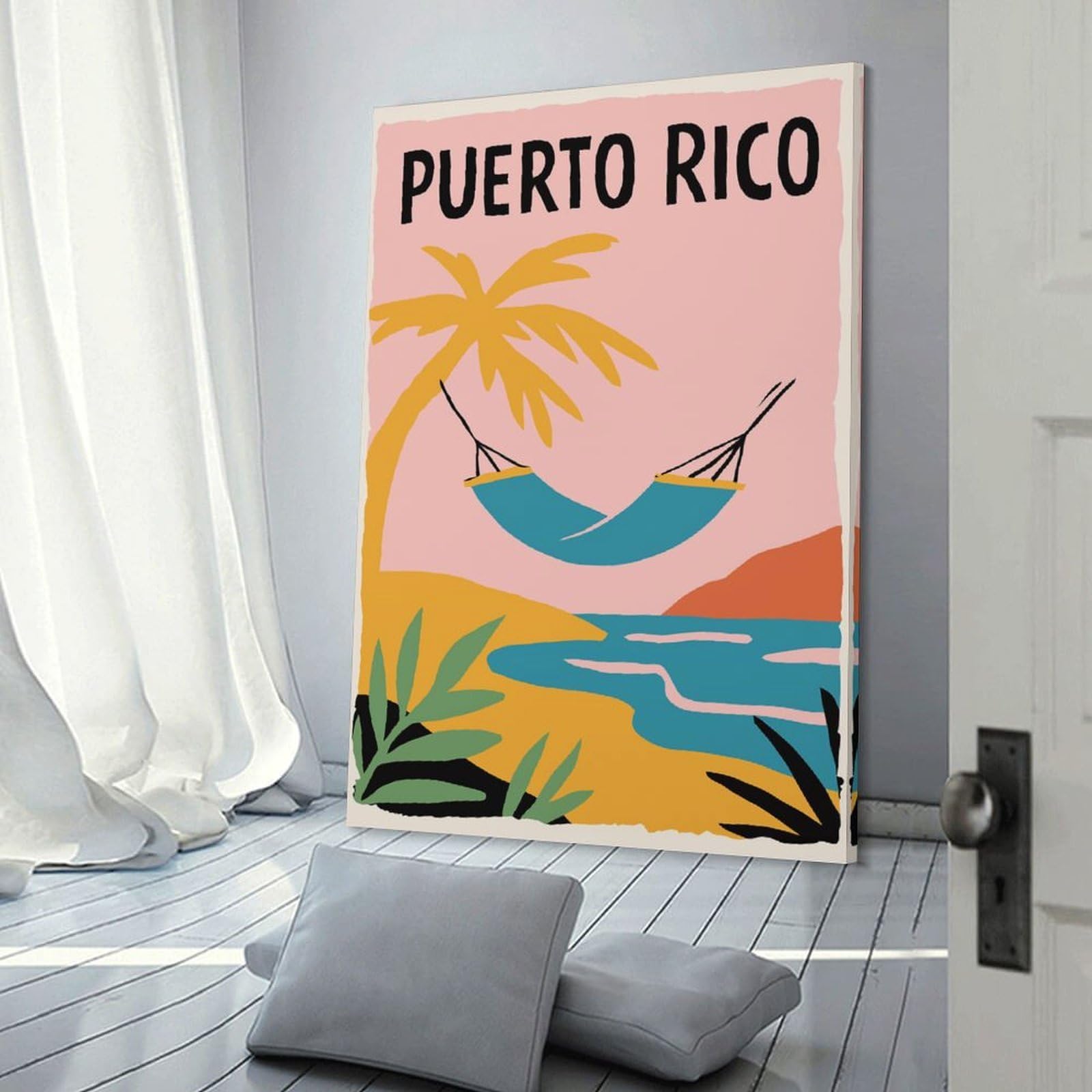 Junmoney Canvas Art Print Puerto Rico Beach Hammock Travel, 24x36inch(60x90cm), for Office, Study Or Home Workspace, Home Office Artwork with Decorative Appeal