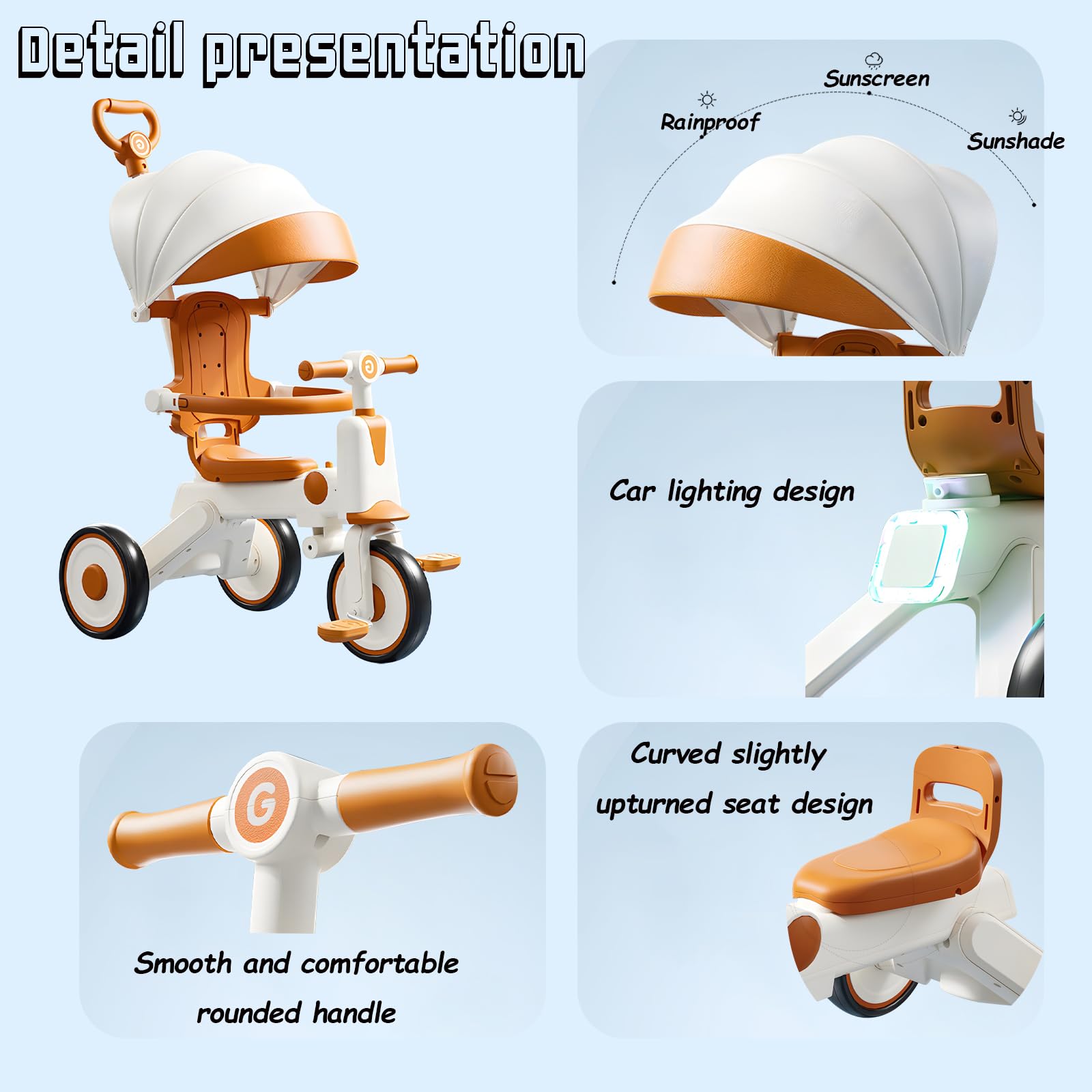 Kids Tricycle with Canopy and Push Handle, Orange and White