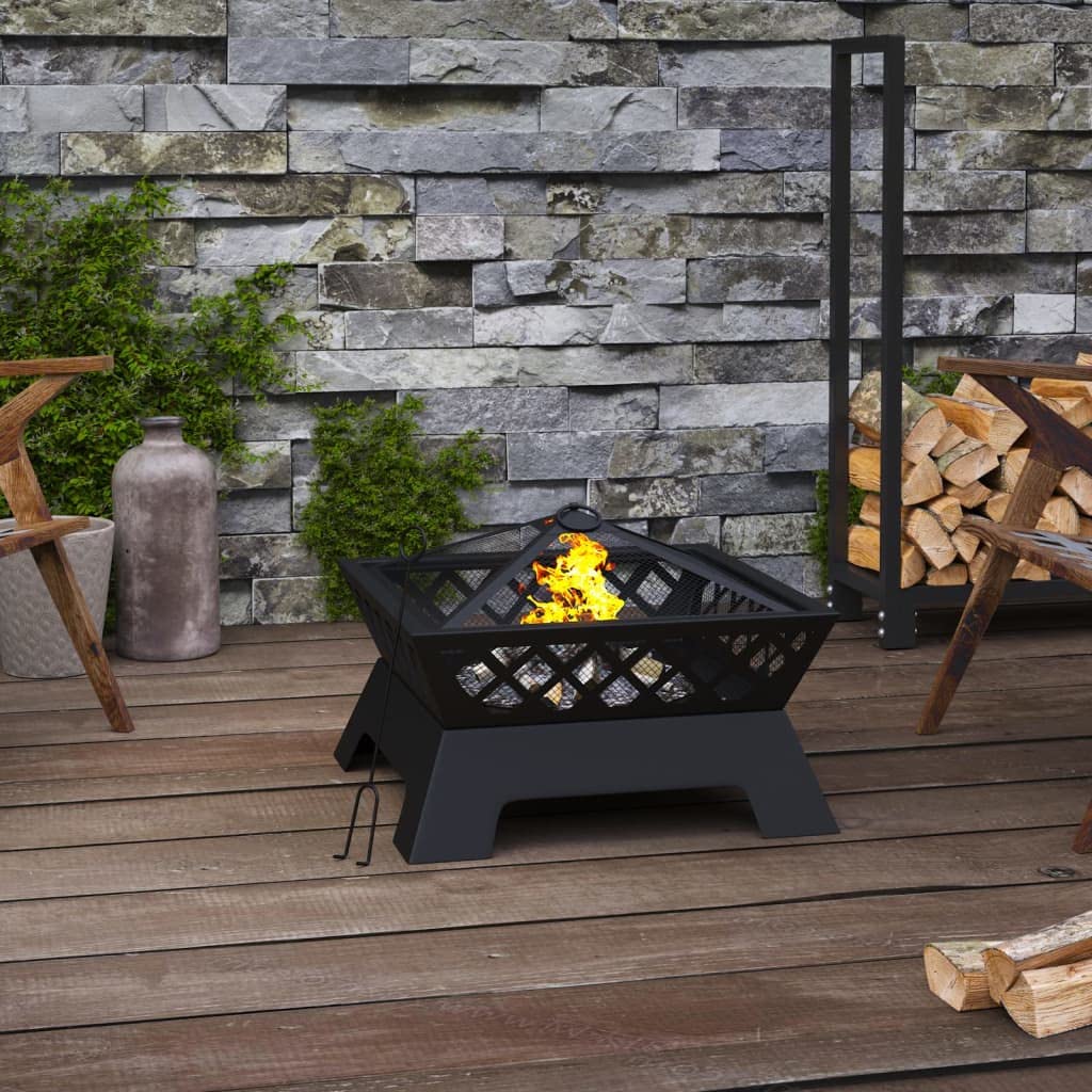 Mangloder - Brasero con atizador, 50 cm, XXL, acero negro, para jardín y terraza, con protección contra chispas y cubierta de red, para leña y calor acogedor