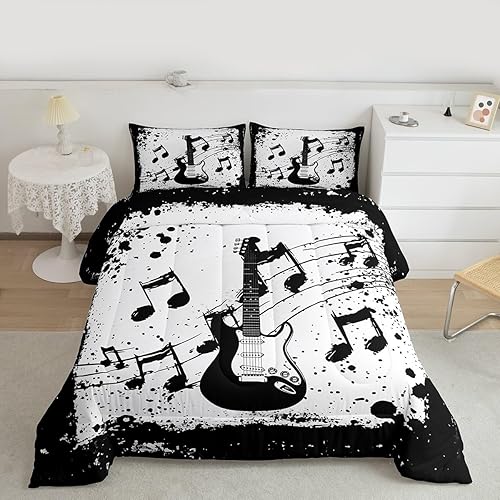 Miniatura 3 de Juego de ropa de cama de guitarra vintage, juego de edredón de notas musicales tamaño individual, edredón retro grunge, edredón y juegos de ropa de