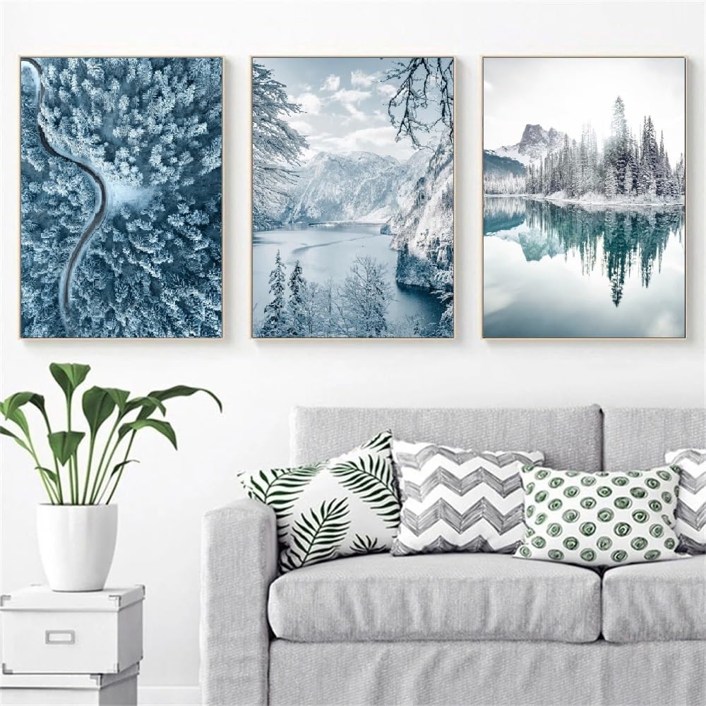 Wbyzac Green Wall Pictures-Winter Natural Snow Mountain Forest Landscape Poster Lake Cedar Painting Sofa Wall Bedroom Kitchen Restaurant Decoration Picture Artwork-40 * 50Cm*3Pcs (No Frame)
