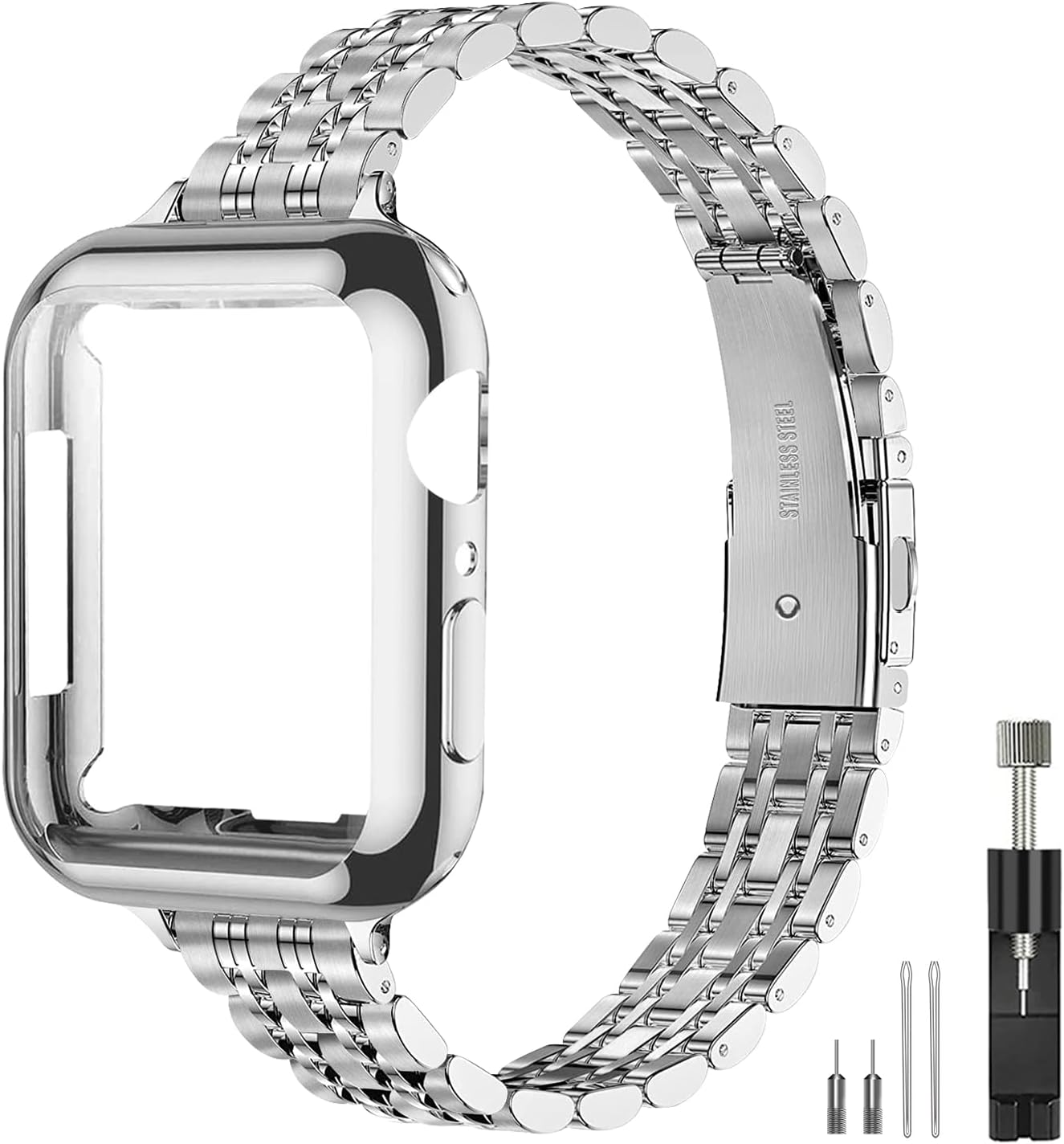 Slim Watch Band Compatible with Apple Watch 41mm 45mm 42mm 44mm 40mm 38mm Metal stainless steel Watchband suitable for iWatch 9/8/7/6/5/4/3/2/1/SE series Women Luxury strap 38mm 40mm 41mm Silver