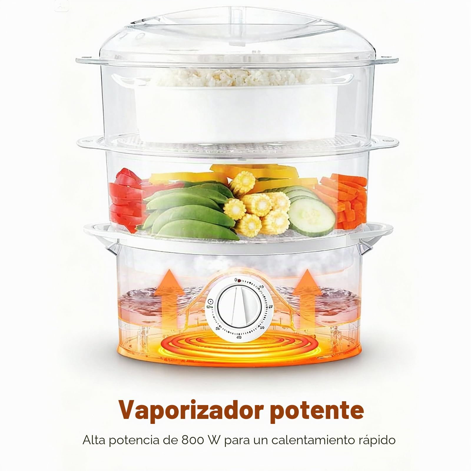 Aigostar Fitfoodie 30CFO - Vaporera Eléctrica 9L Capacidad, 800 W, Libre de BPA, Temporizador hasta 60 Minutos. 3 Recipientes Apilables, Cuenco para Preparar arroz. Diseño Exclusivo