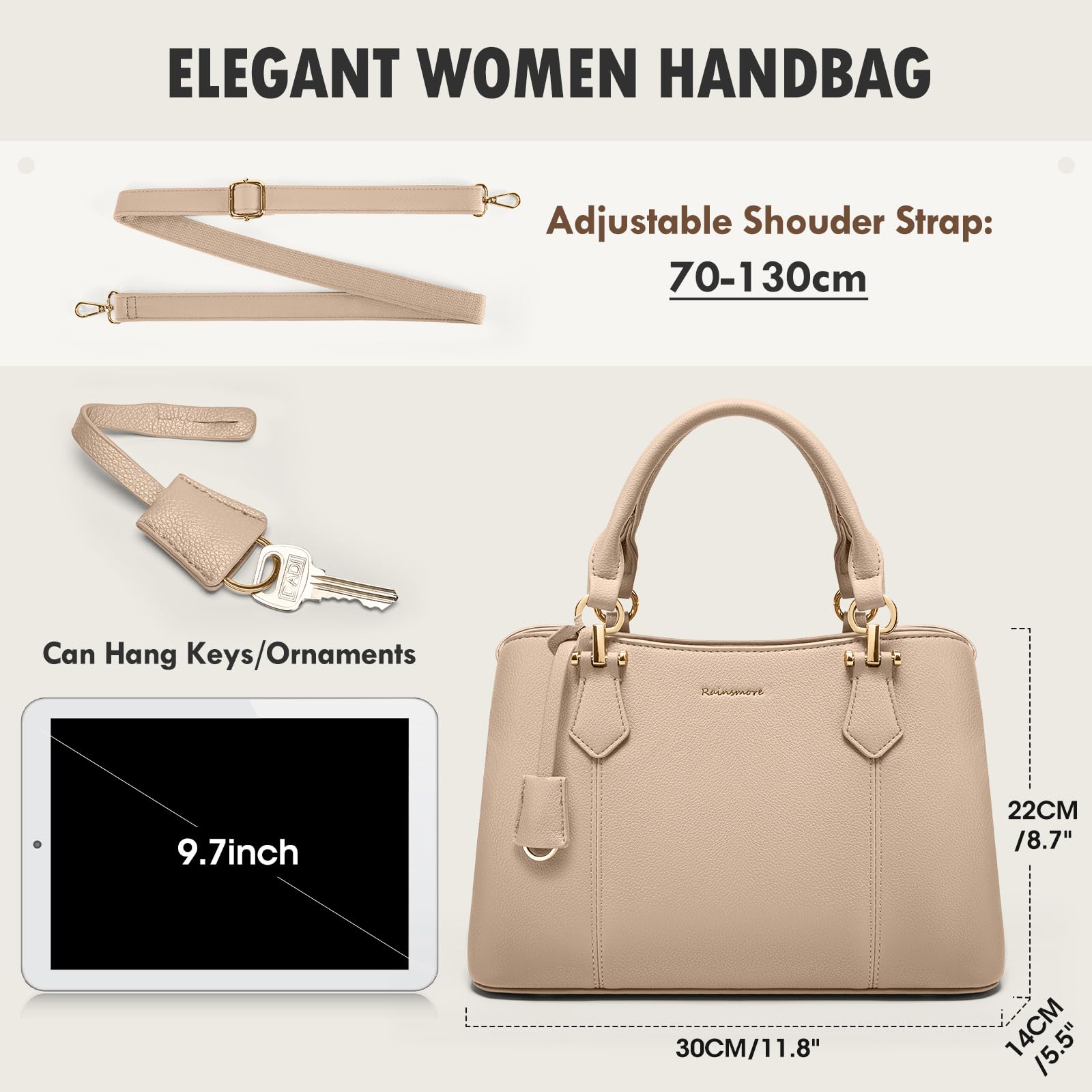 RAINSMORE Sac a Main Femme Cuir PU Sac à Main Bandoulière Elégant Sacs à Main Cabas Femme Fourre Tout pour Université Travail Voyage