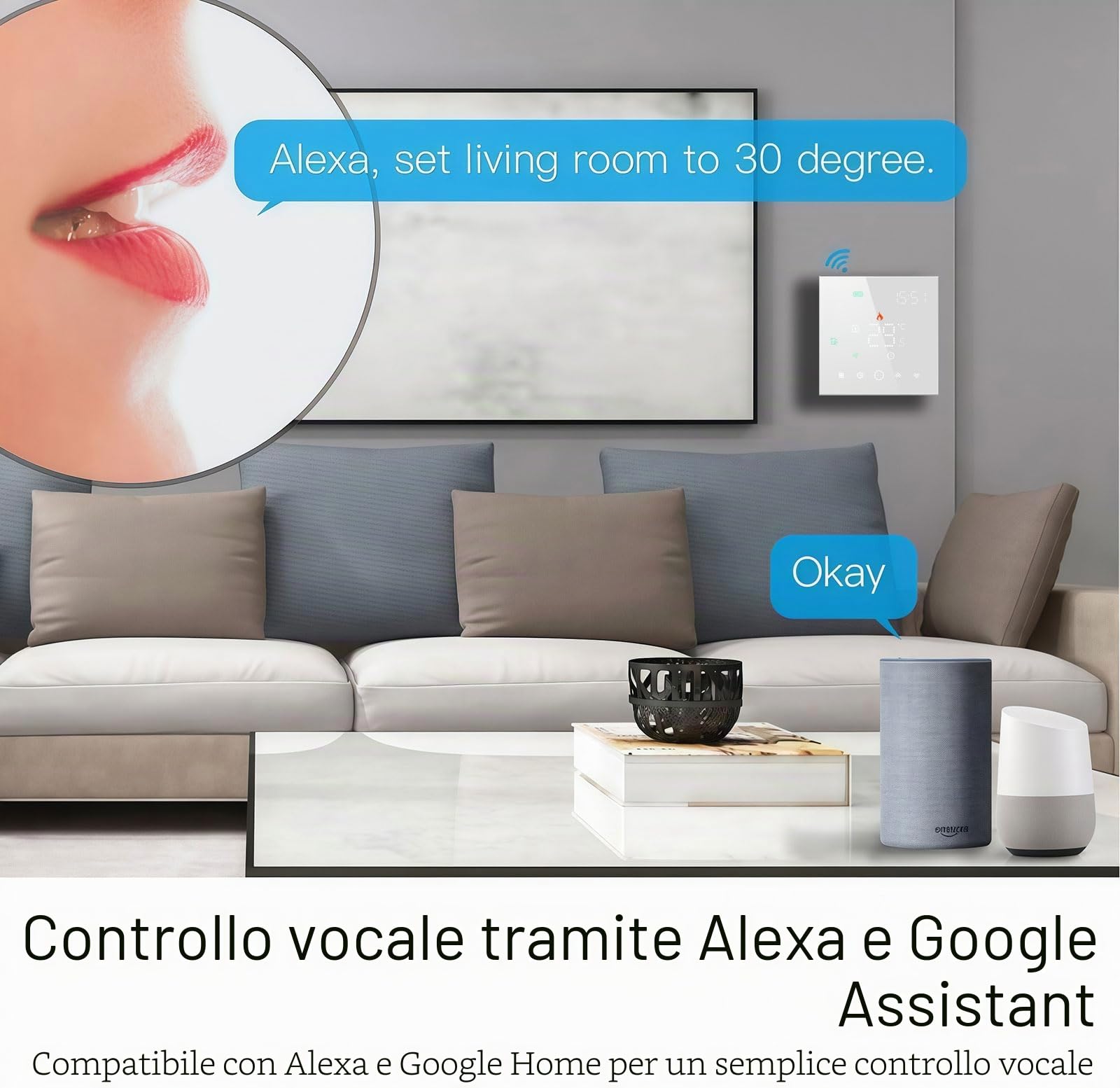 003 Serie WI-FI Termostato - Termostato Programmabile Touch Screen per Riscaldamento Acqua/Elettrico/Caldaia - Controllo Remoto Tramite Cellulare Funziona con Alexa, Google Home, IFTTT